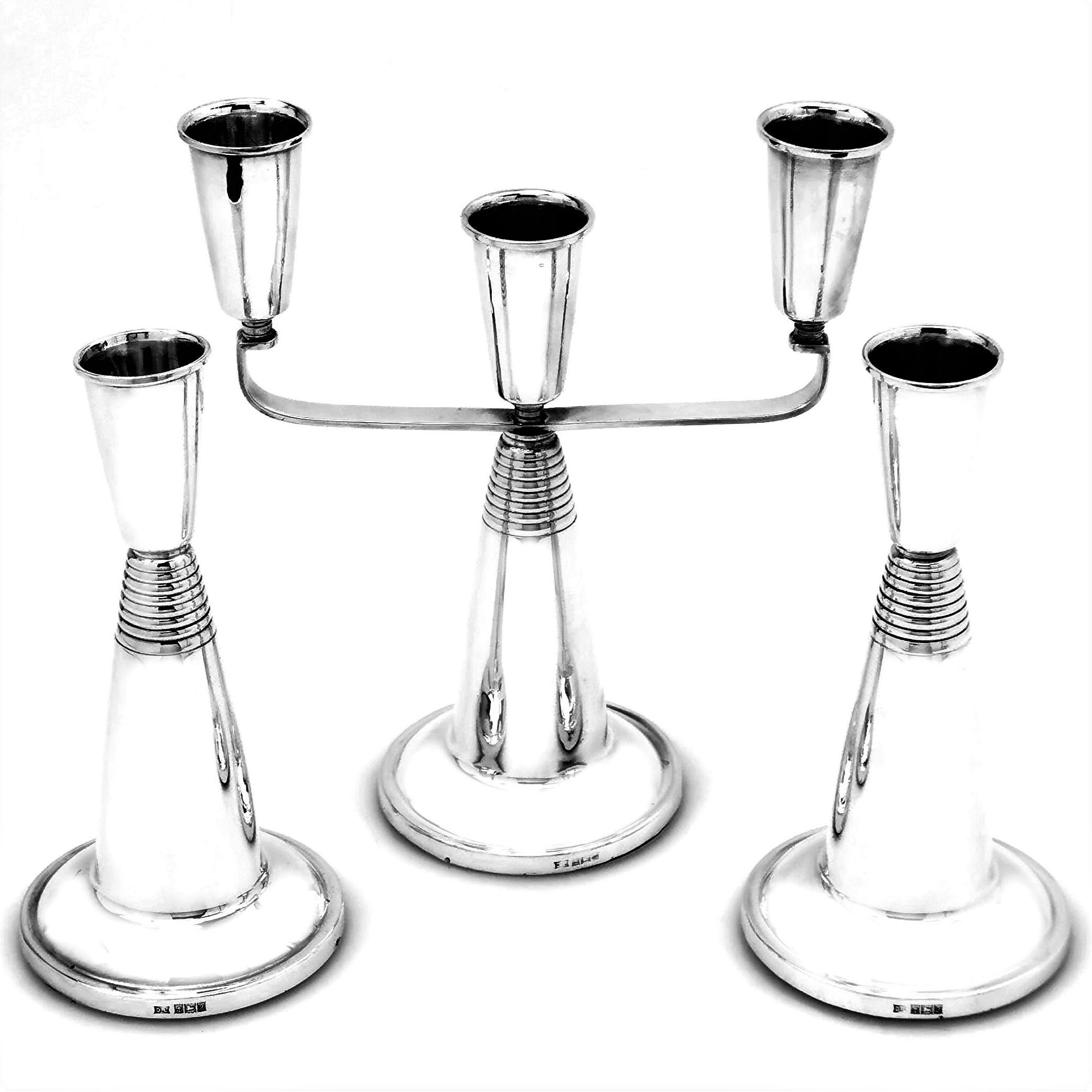 20th Century Set of 8 Art Deco Style Sterling Silver Candlesticks & A Candelabra 1990