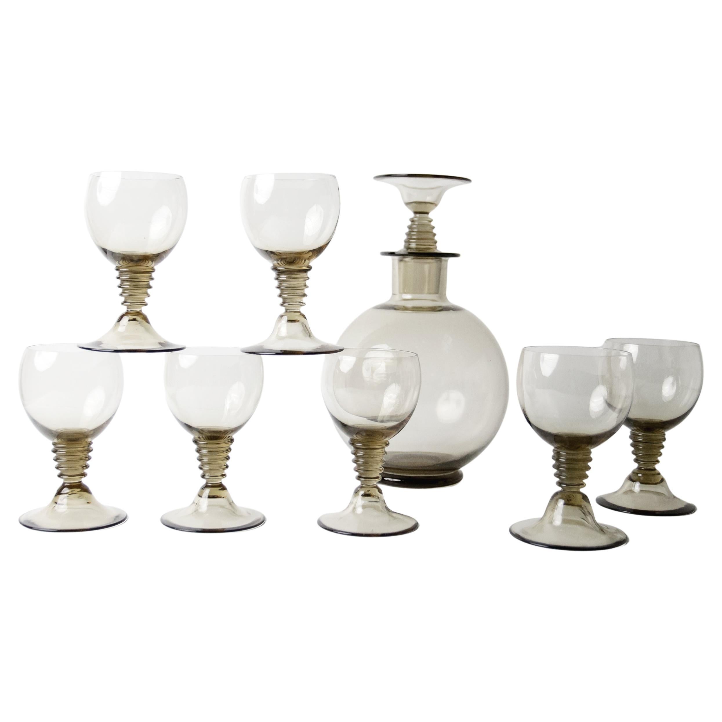 Set di 8 oggetti Art Deco "Traditie" W.J. Decanter e 7 bicchieri Rozendaal 1932-'33