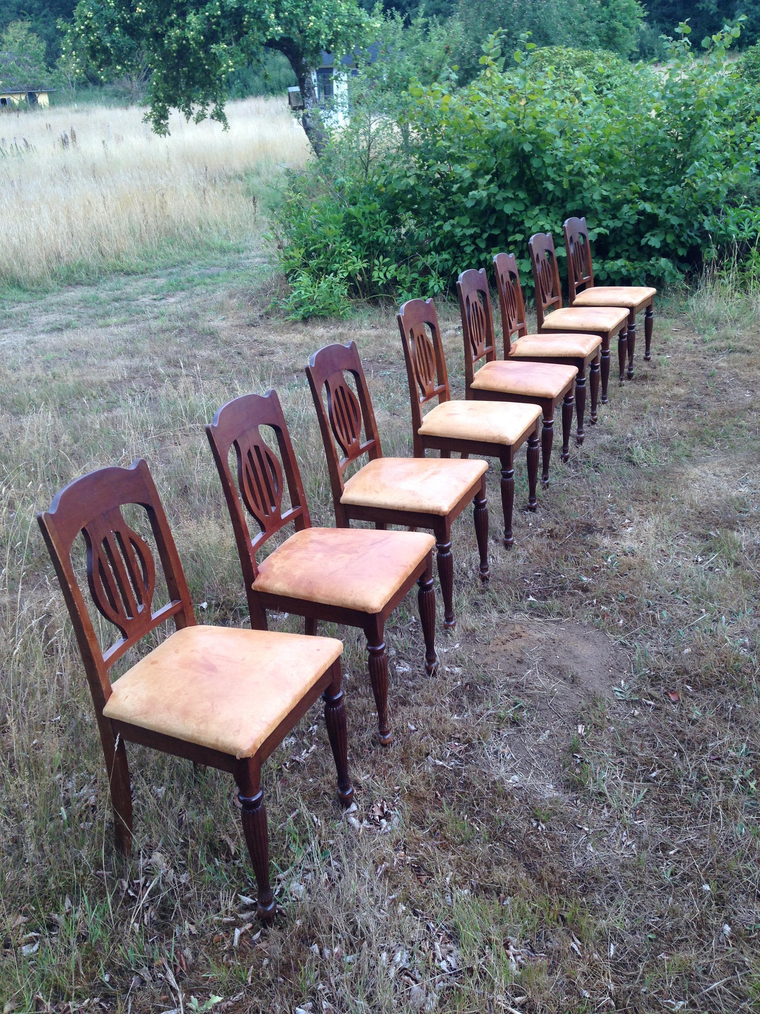Danish Set of 8 Art Nouveau Chairs in Mahogany and Light Oxhide Seats, 1910s-1920s For Sale