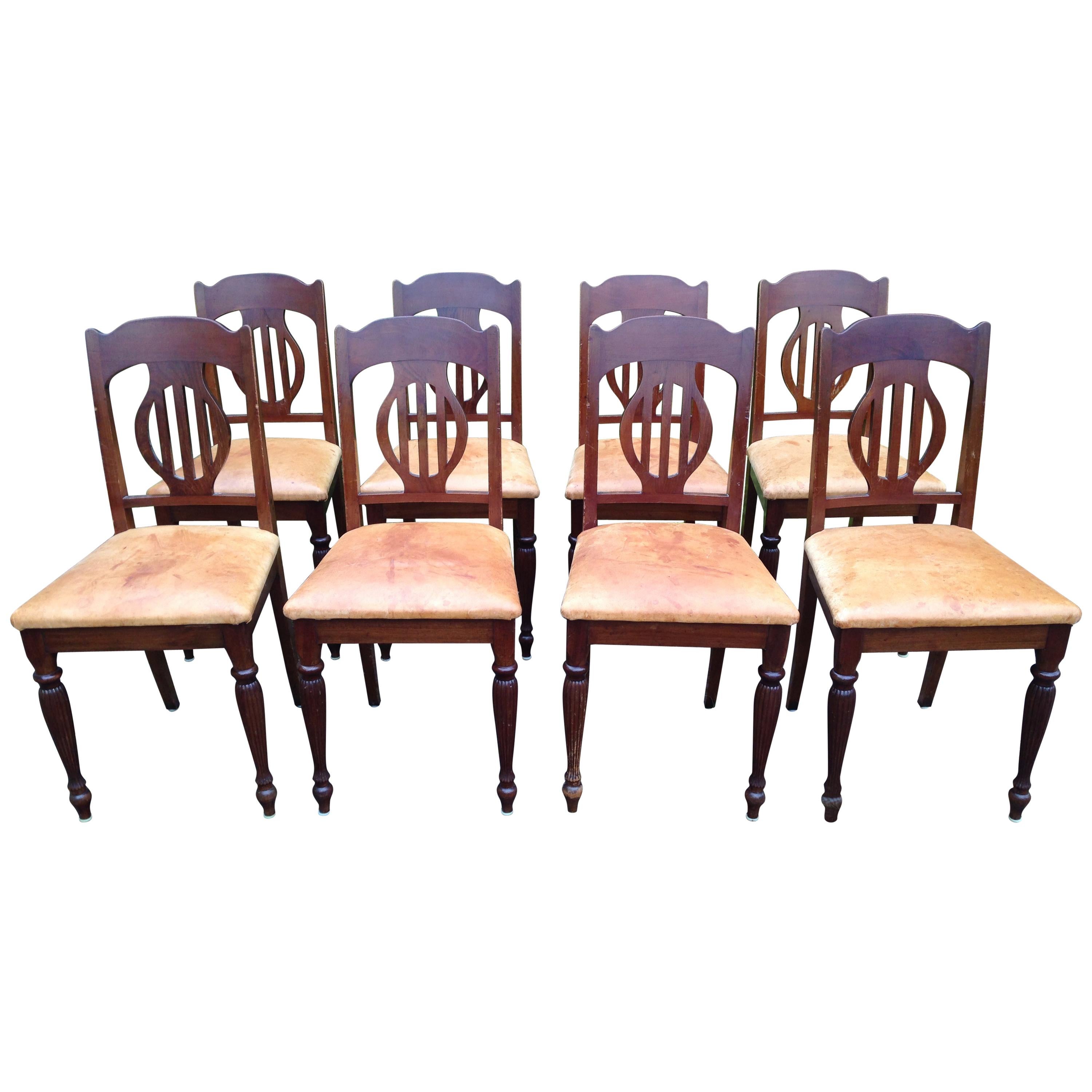 Set of 8 Art Nouveau Chairs in Mahogany and Light Oxhide Seats, 1910s-1920s For Sale