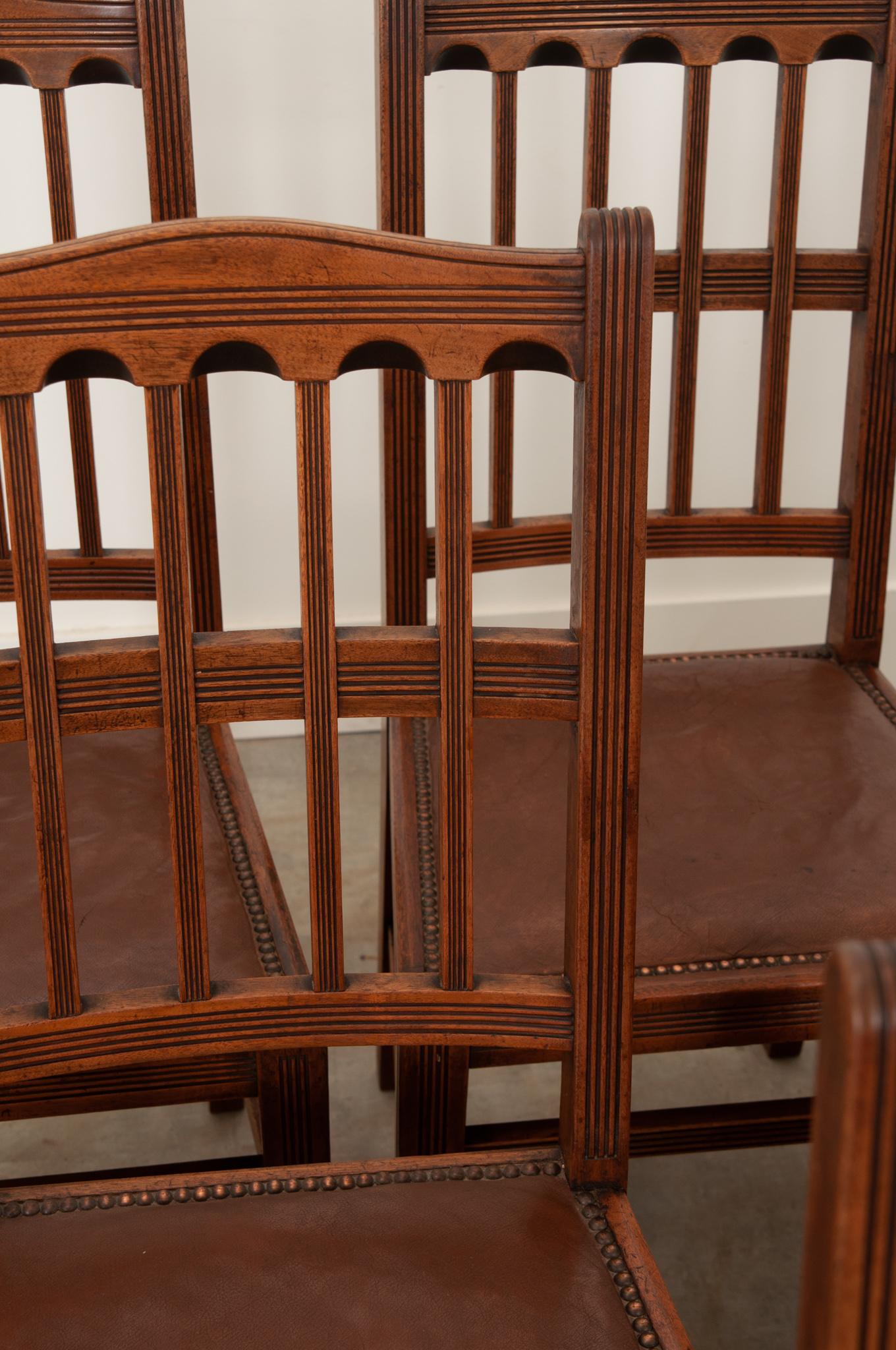 Carved Set of 8 Arts & Crafts Dining Chairs For Sale