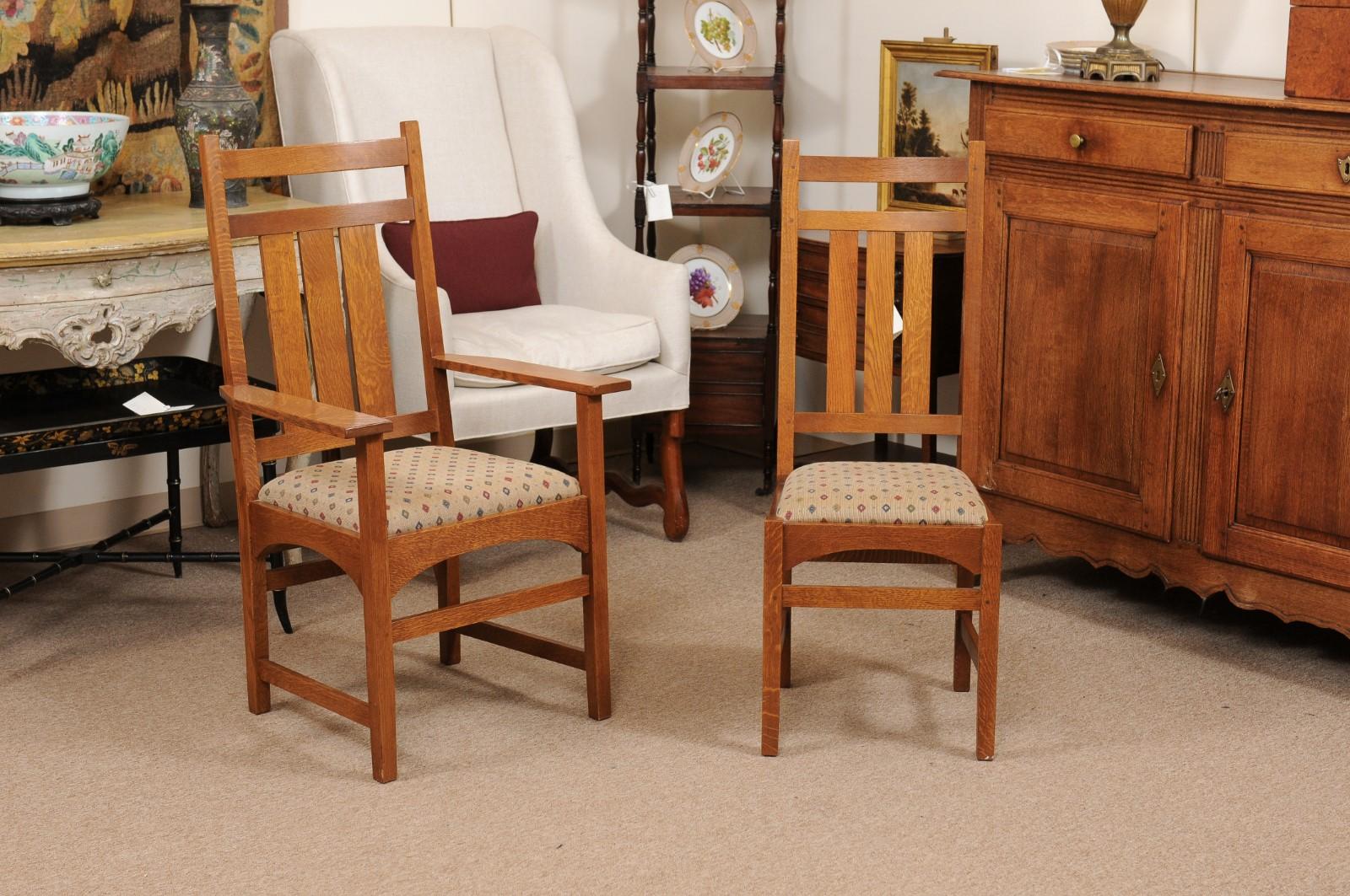 Set of 8 Arts & Crafts Stickley Mission Collection Oak dining chairs. Measurements listed are of the Armchairs.