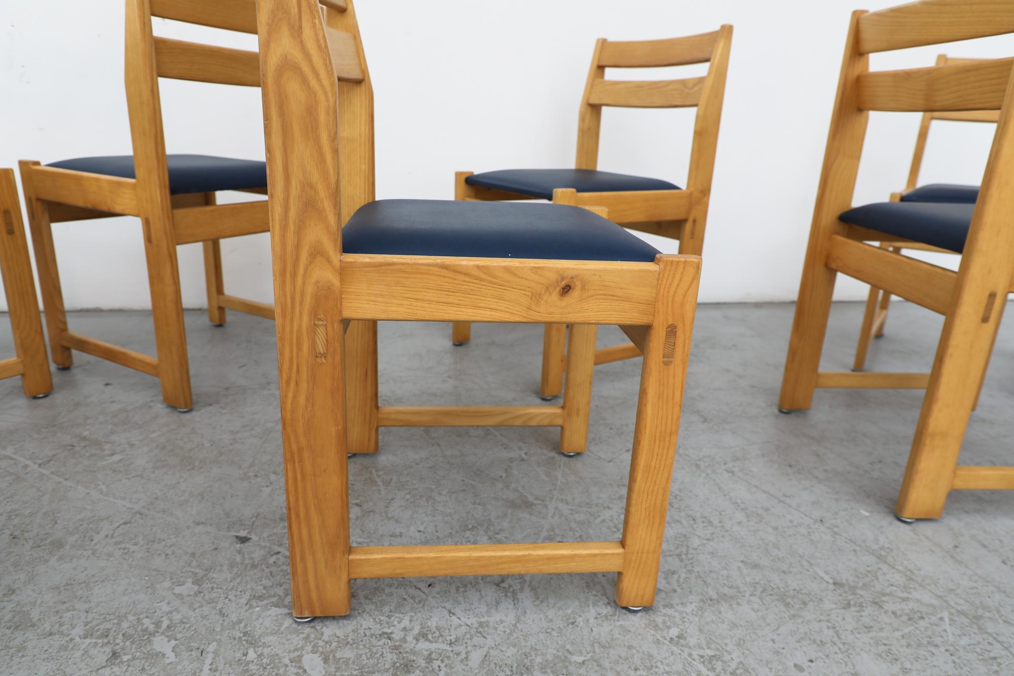 Set of Eight Ate van Apeldoorn Oak & Blue Skai Dining Chairs for Houtwerk Hattem For Sale 11