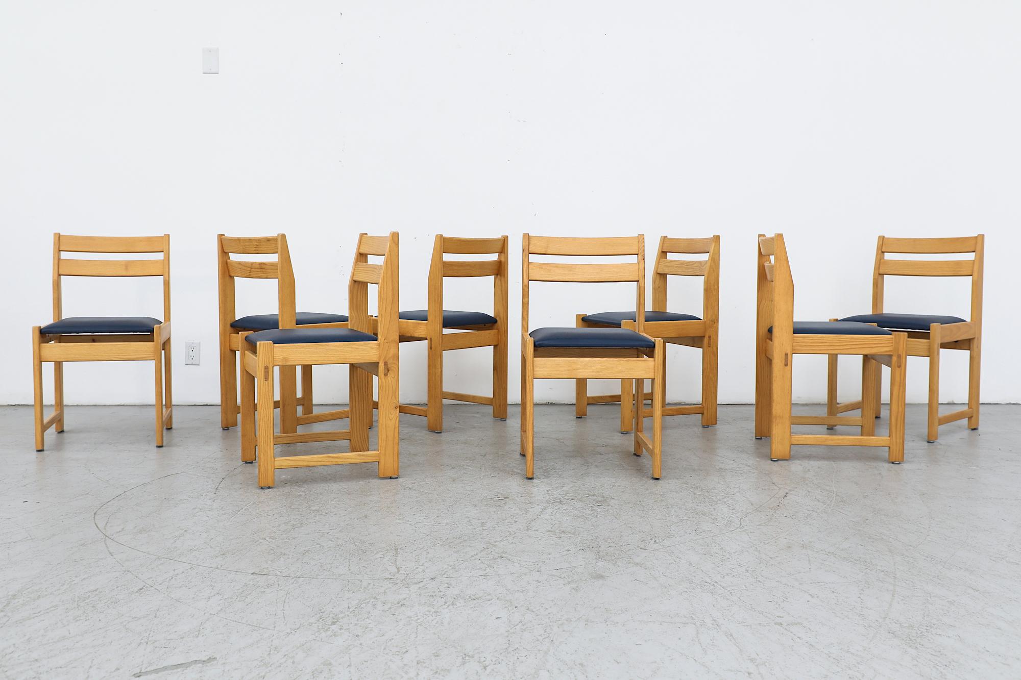 Set of Eight Ate van Apeldoorn Oak & Blue Skai Dining Chairs for Houtwerk Hattem For Sale 13