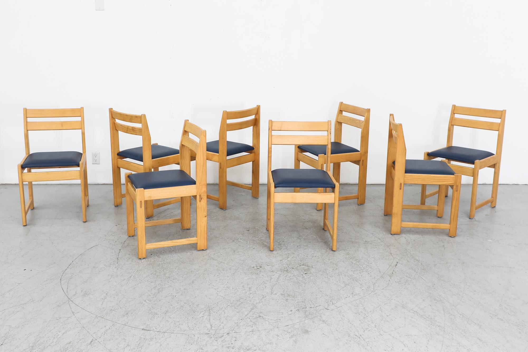 Mid-Century Modern Set of Eight Ate van Apeldoorn Oak & Blue Skai Dining Chairs for Houtwerk Hattem For Sale