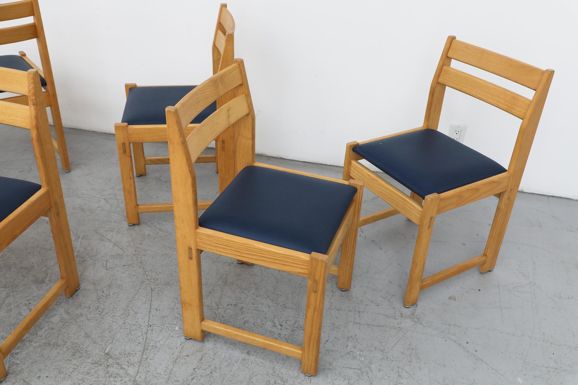 Dutch Set of Eight Ate van Apeldoorn Oak & Blue Skai Dining Chairs for Houtwerk Hattem For Sale