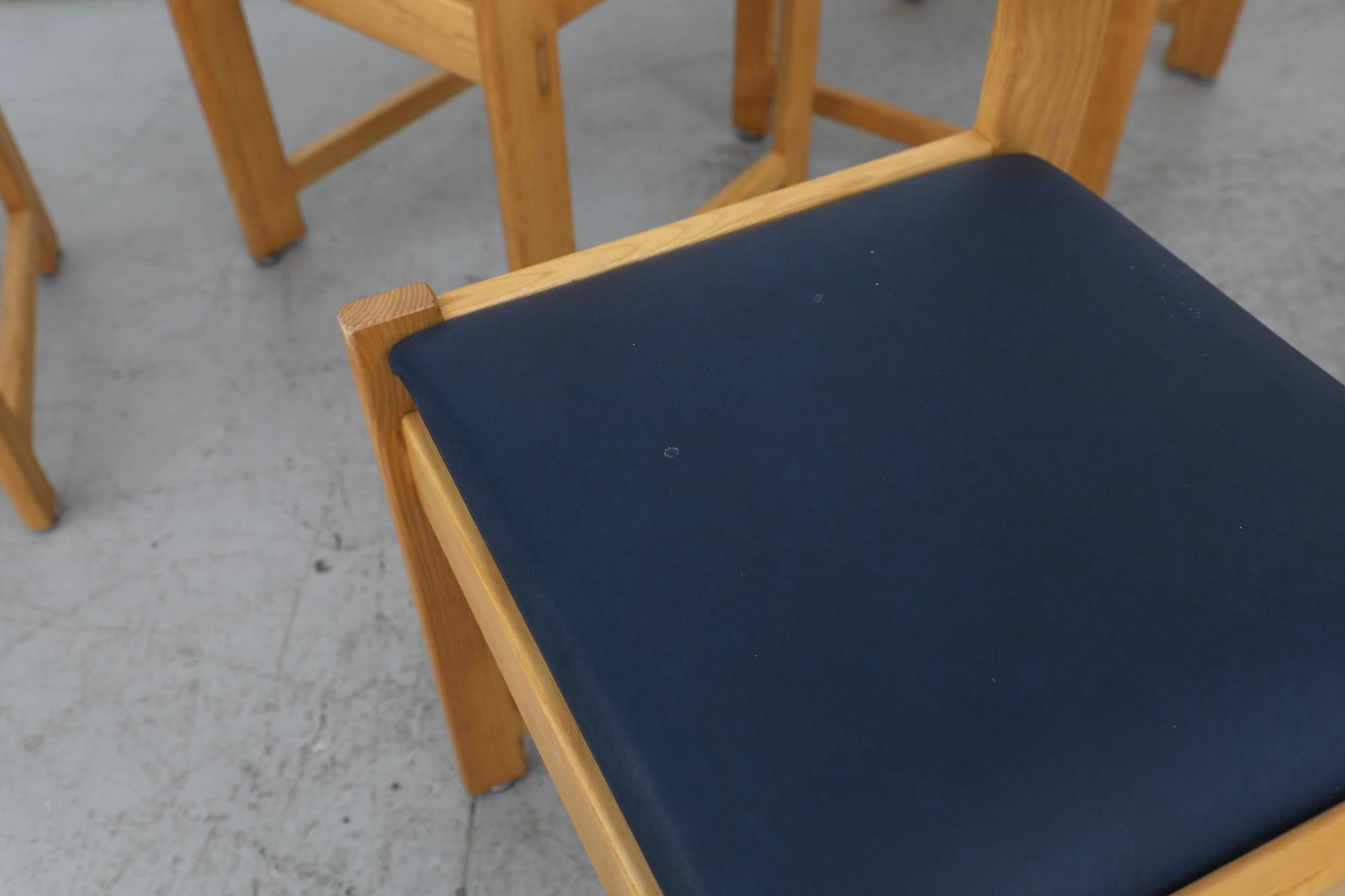 Faux Leather Set of Eight Ate van Apeldoorn Oak & Blue Skai Dining Chairs for Houtwerk Hattem For Sale