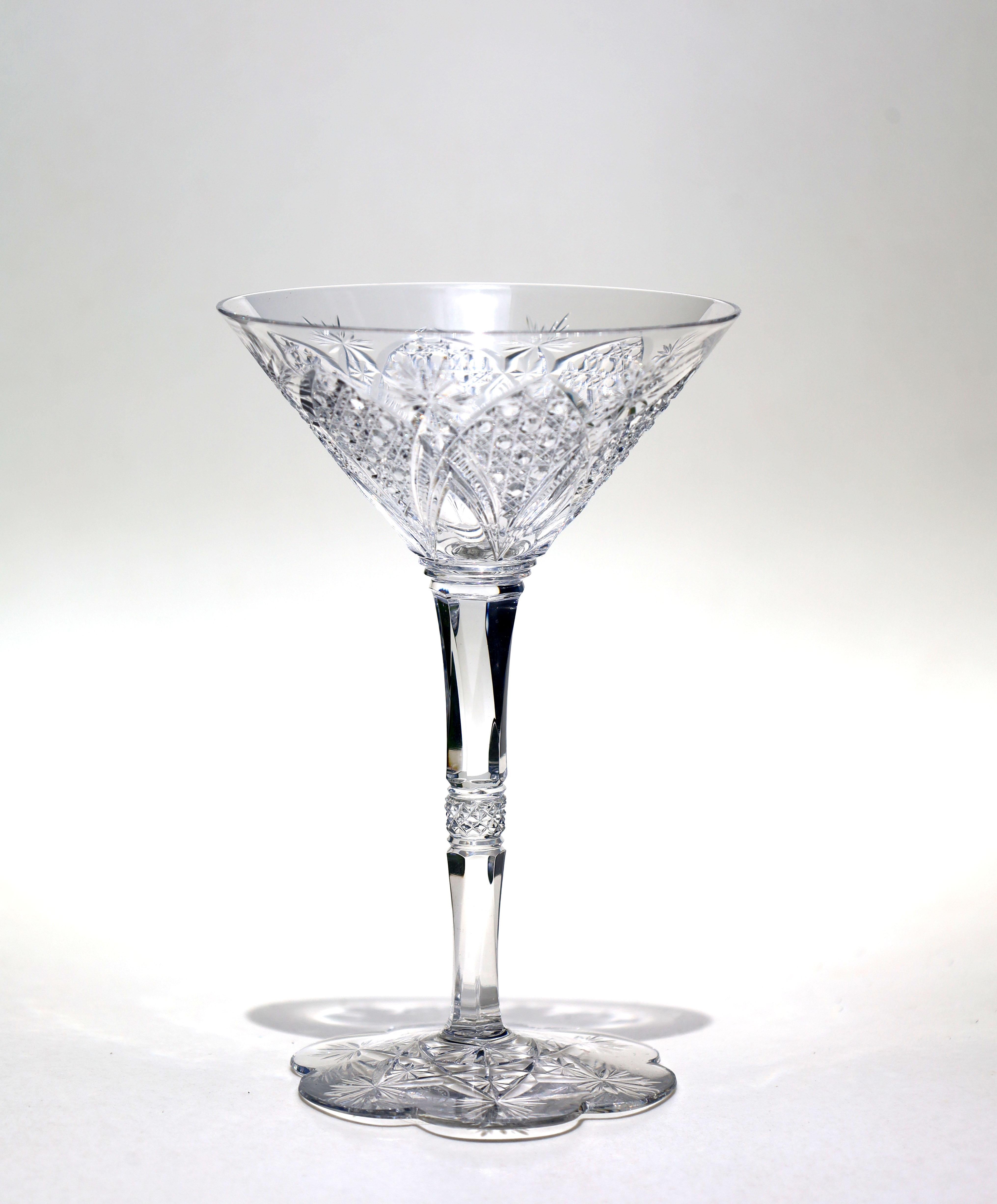 Baccarat Elbeuf service was first introduced in 1908 and presented at the International Exhibition in Nancy, France in 1909. Specially ordered in 1920 by the Maharaja of Baroda. This set of 6 signed Baccarat glasses are hand blown clear crystal and