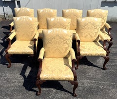 Set of 8 Baker Georgian Style Foliate Carved Mahogany Upholstered Arm Chairs