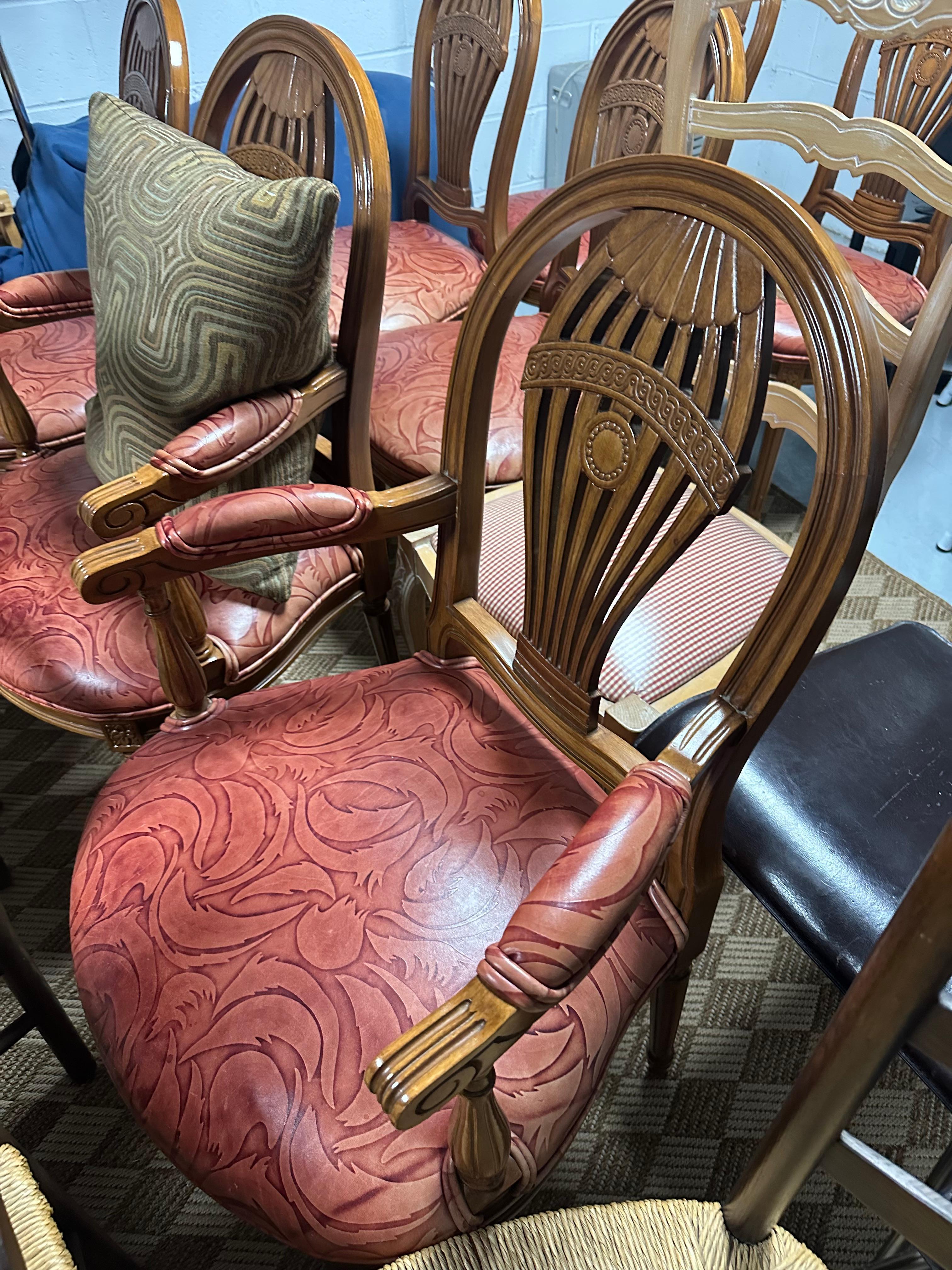 Louis XVI Set of 8 Balloon Back Carved Wood Dining Chairs with Edelman Leather Seats