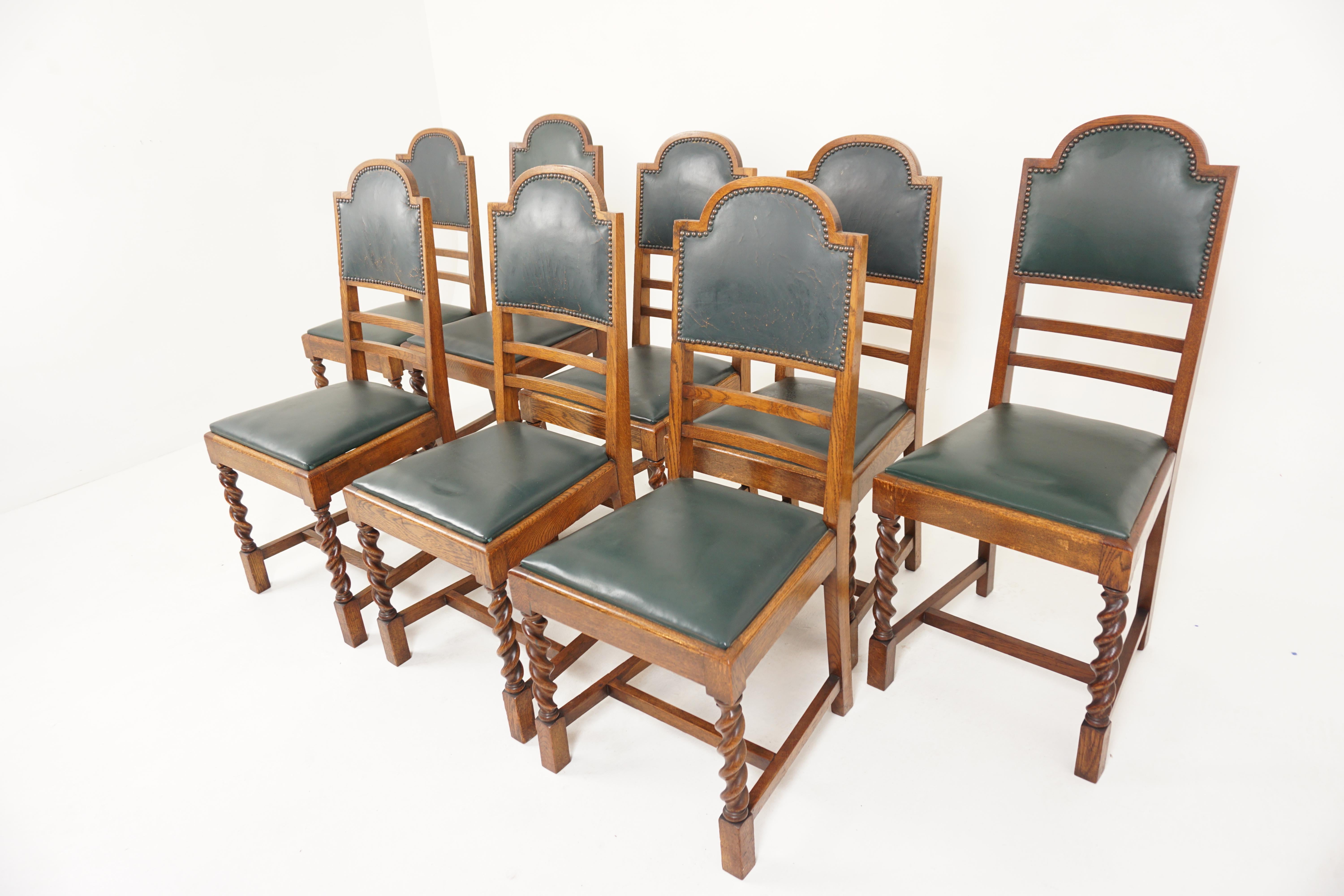 Set of 8 barley twist dining chairs, Scotland 1910, H703


Scotland 1910
Solid oak
Original finish
Shaped top rail
Padded back
Two vertical slats below
Upholstered lift out leather seat
All standing on barley twist legs to the