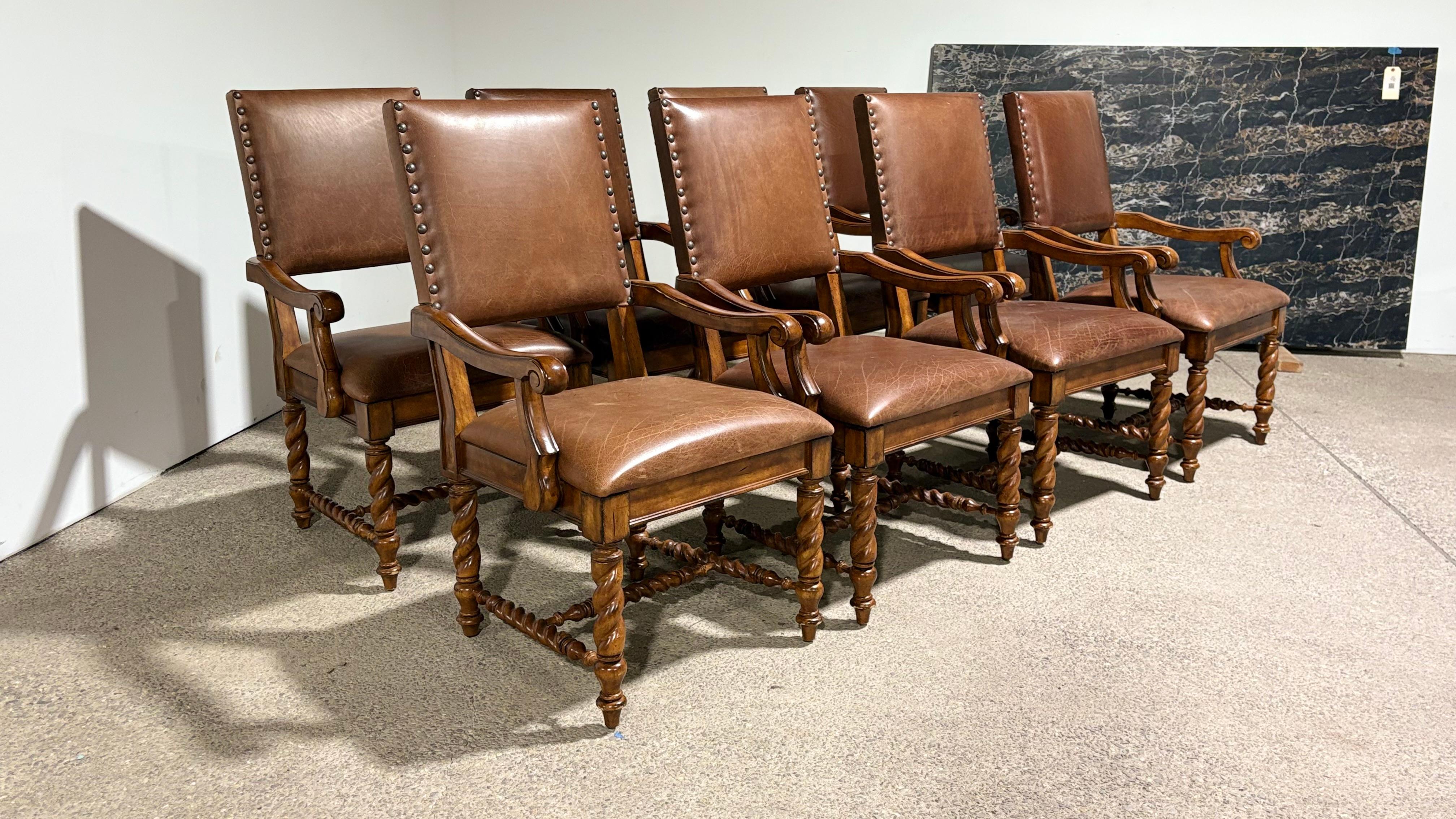 Gustavian Set of 8 - Ralph Lauren Style Barley Twist Leather Chairs For Sale