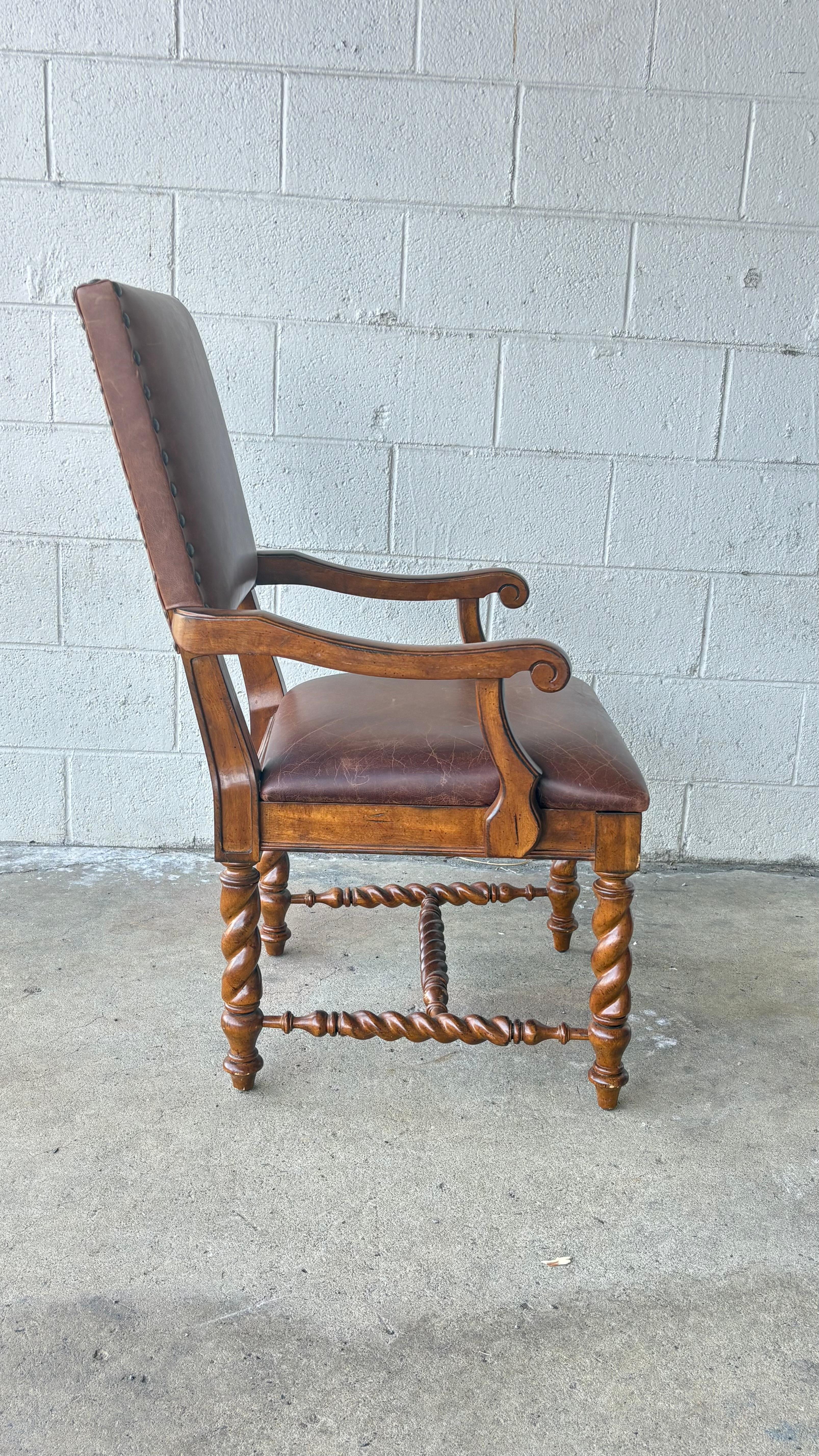 Set of 8 - Ralph Lauren Style Barley Twist Leather Chairs In Good Condition For Sale In Philadelphia, PA