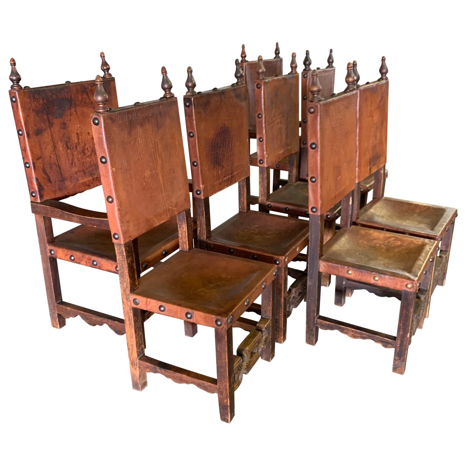 Belgian Set of 8 Baroque Style Leather Dining Room Chairs