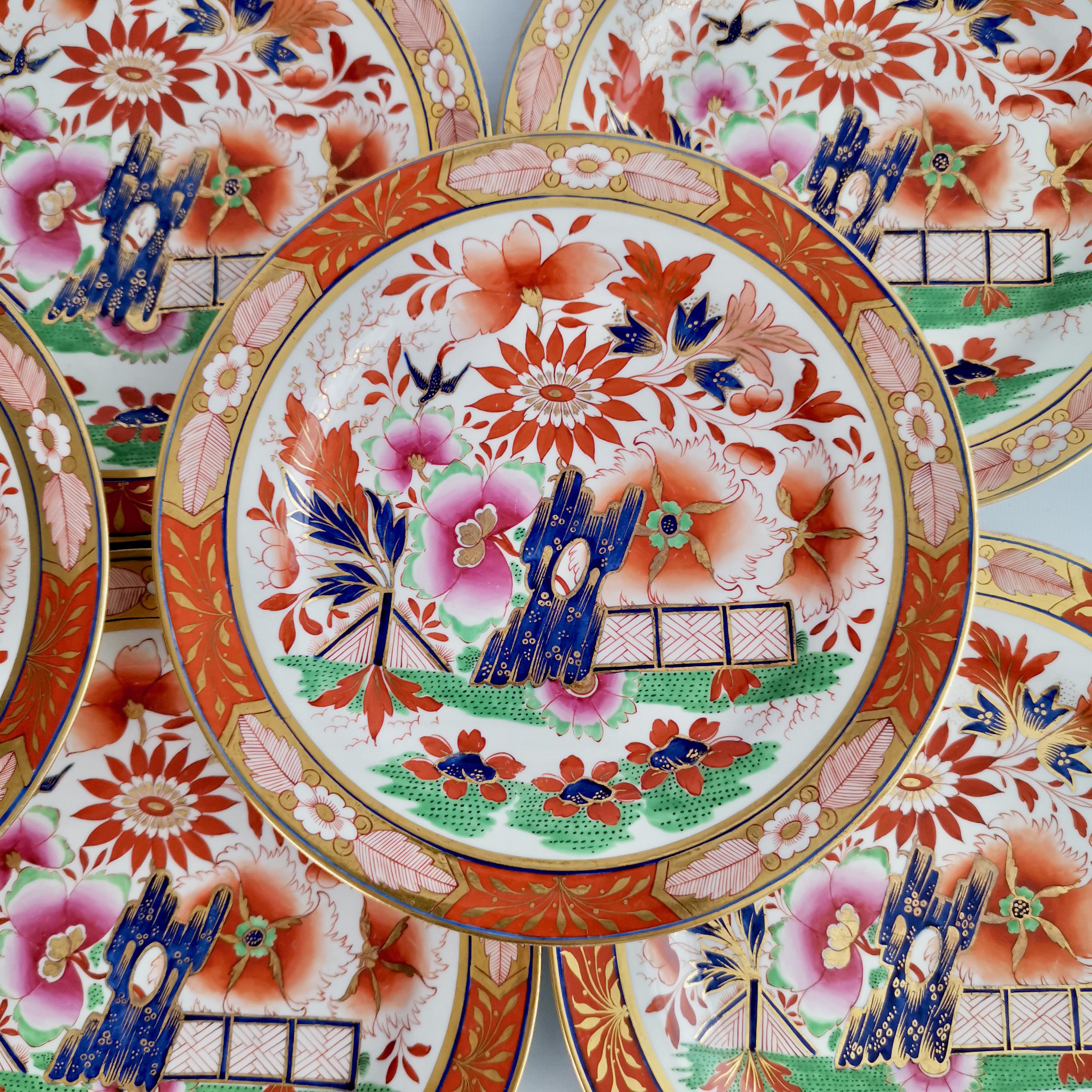 Hand-Painted Set of 8 Barr Flight & Barr Porcelain Plates, Imari Fence, Regency, 1811-1813 For Sale