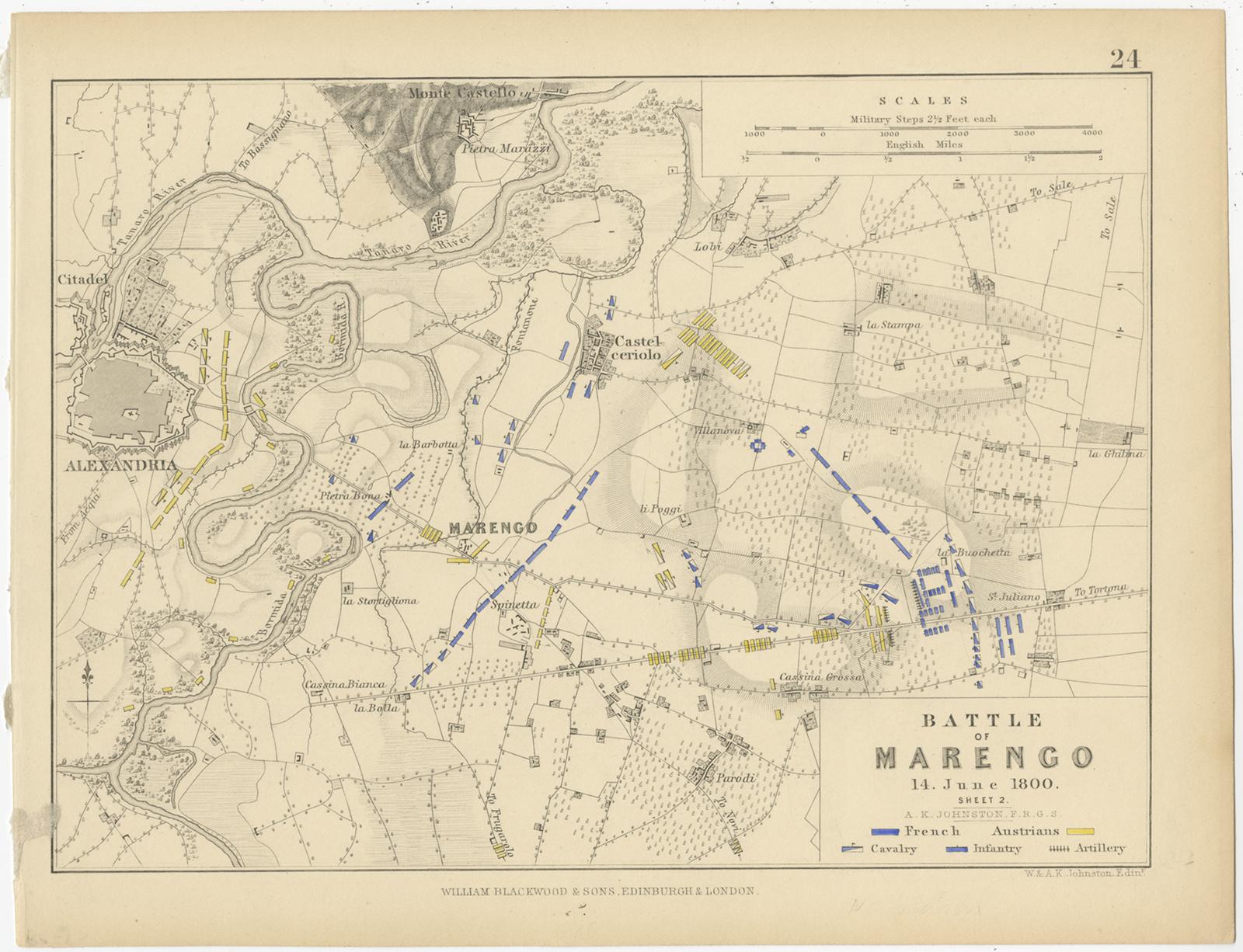 Set of 8 battle plans including battle plans of Rivoli, Arcole, Mantua, Marengo and Hohenlinden. These prints originate from 'Atlas to Alison's history of Europe: constructed and arranged under the direction of Sir Archibald Alison (..)' by W. &