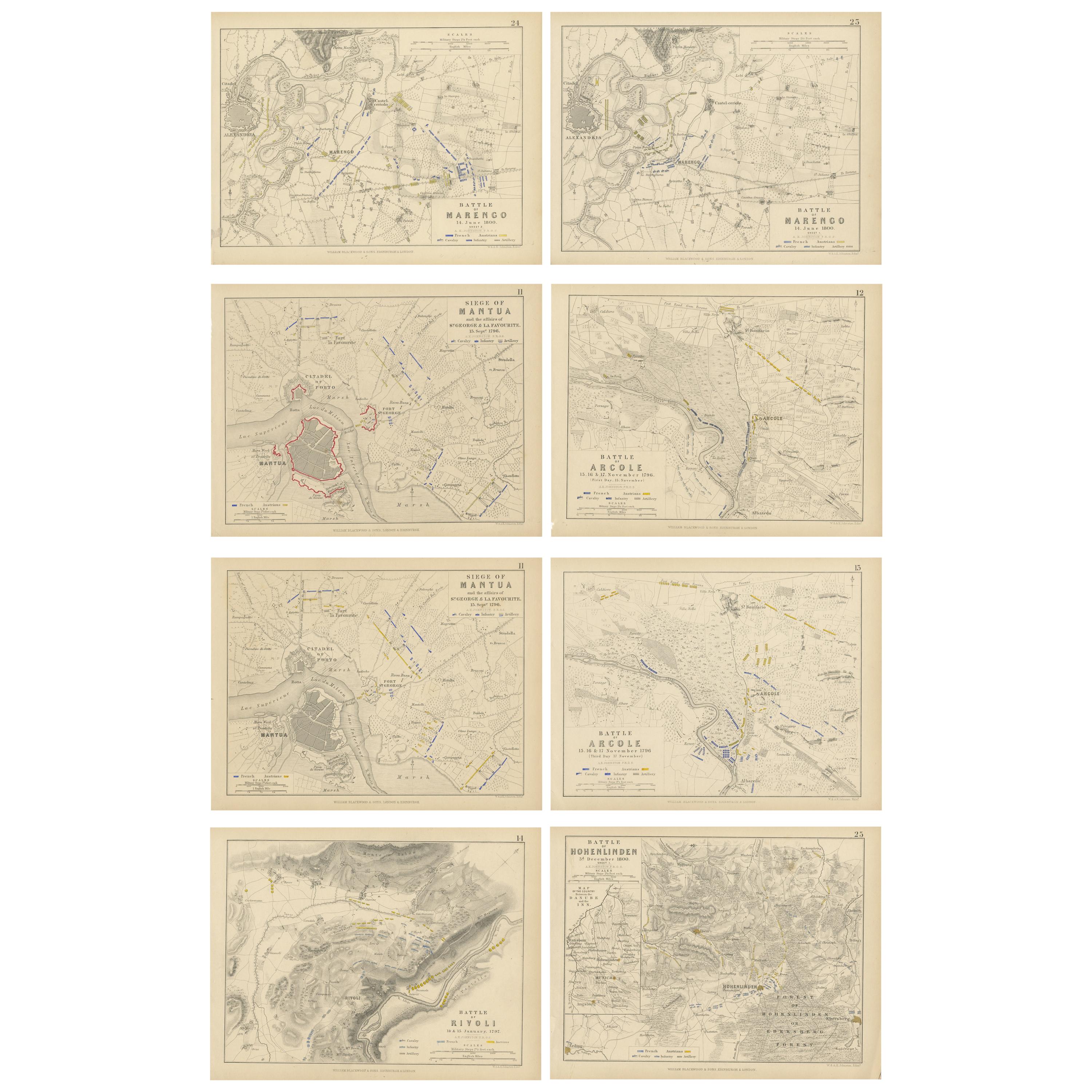 Set von 8 Schlachtplanen, Rivoli, Arcole, Mantua, Marengo, Hohenlinden, 1852