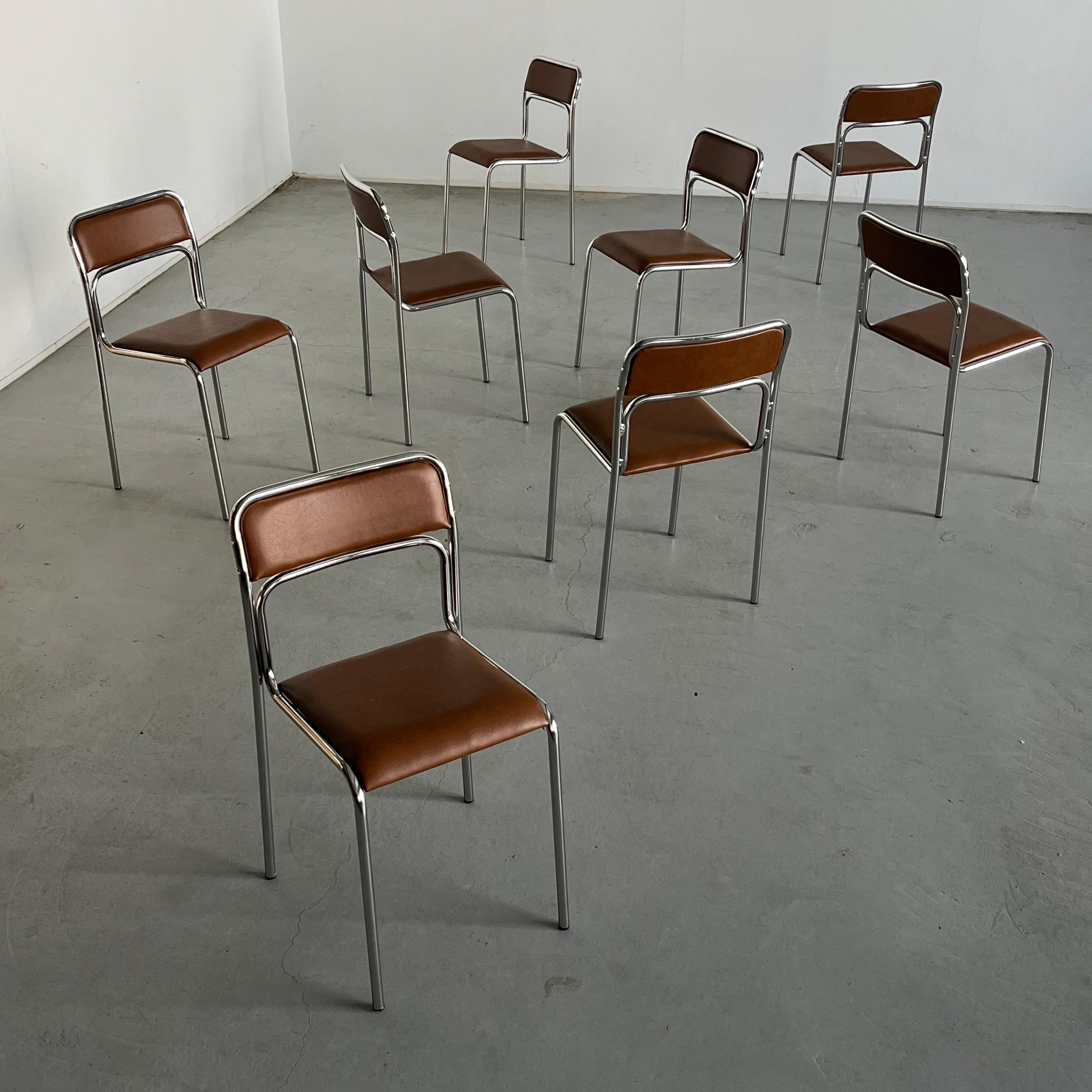 Italian Set of 8 Bauhaus Chrome Tubular Steel and Brown Faux Leather Dining Chairs, 80s For Sale