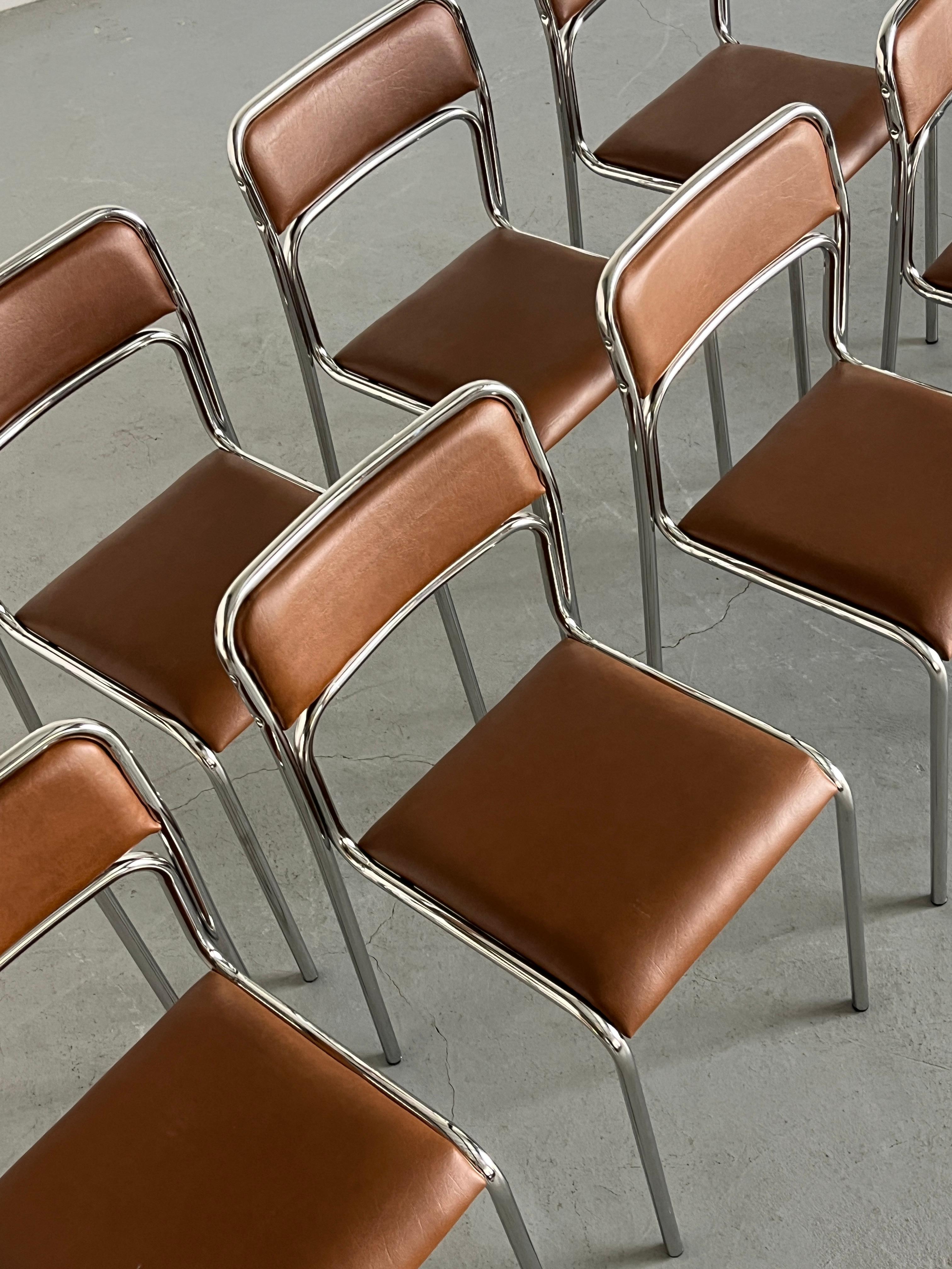 Set of 8 Bauhaus Chrome Tubular Steel and Brown Faux Leather Dining Chairs, 80s In Good Condition For Sale In Zagreb, HR