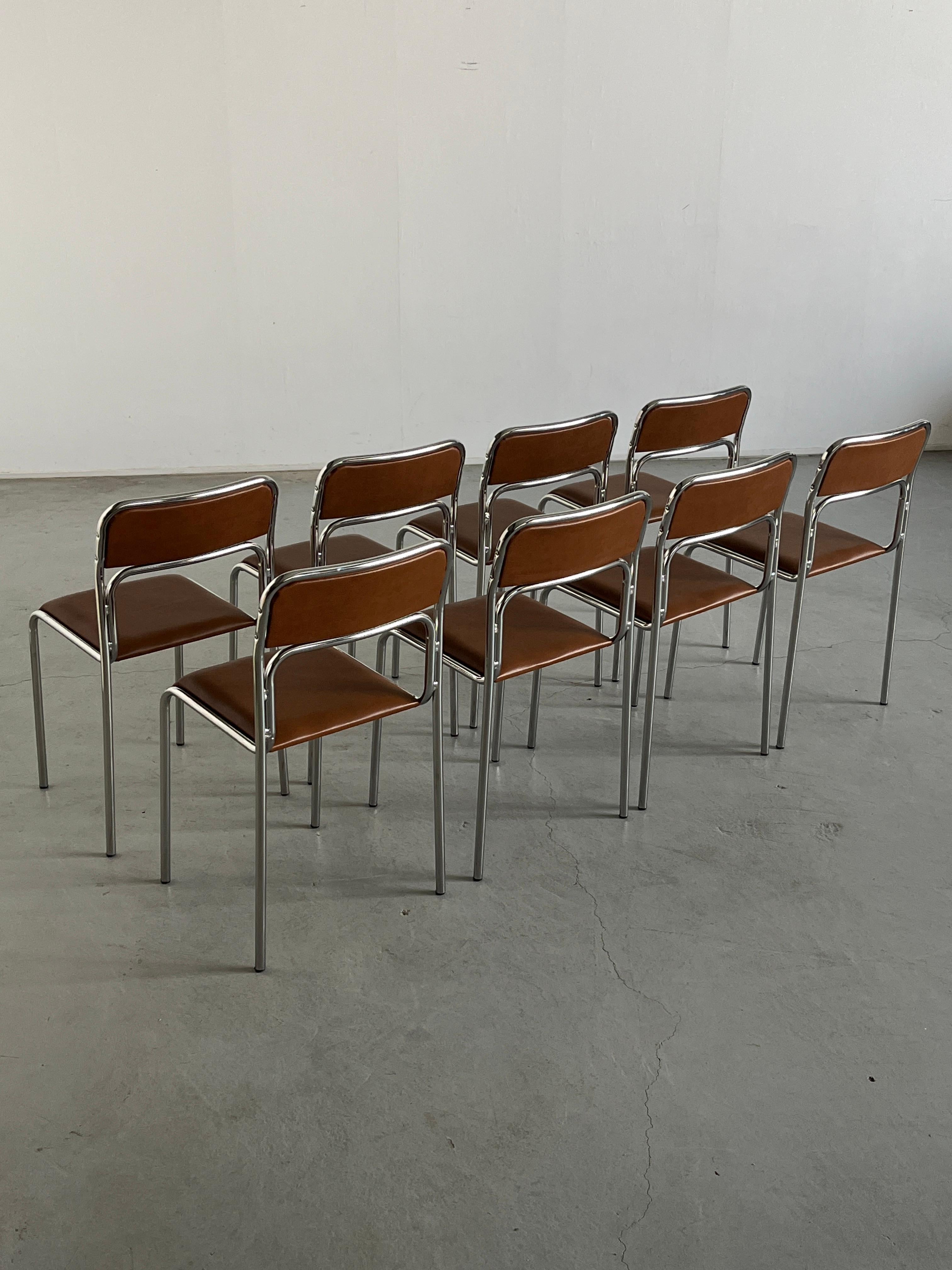 Late 20th Century Set of 8 Bauhaus Chrome Tubular Steel and Brown Faux Leather Dining Chairs, 80s For Sale