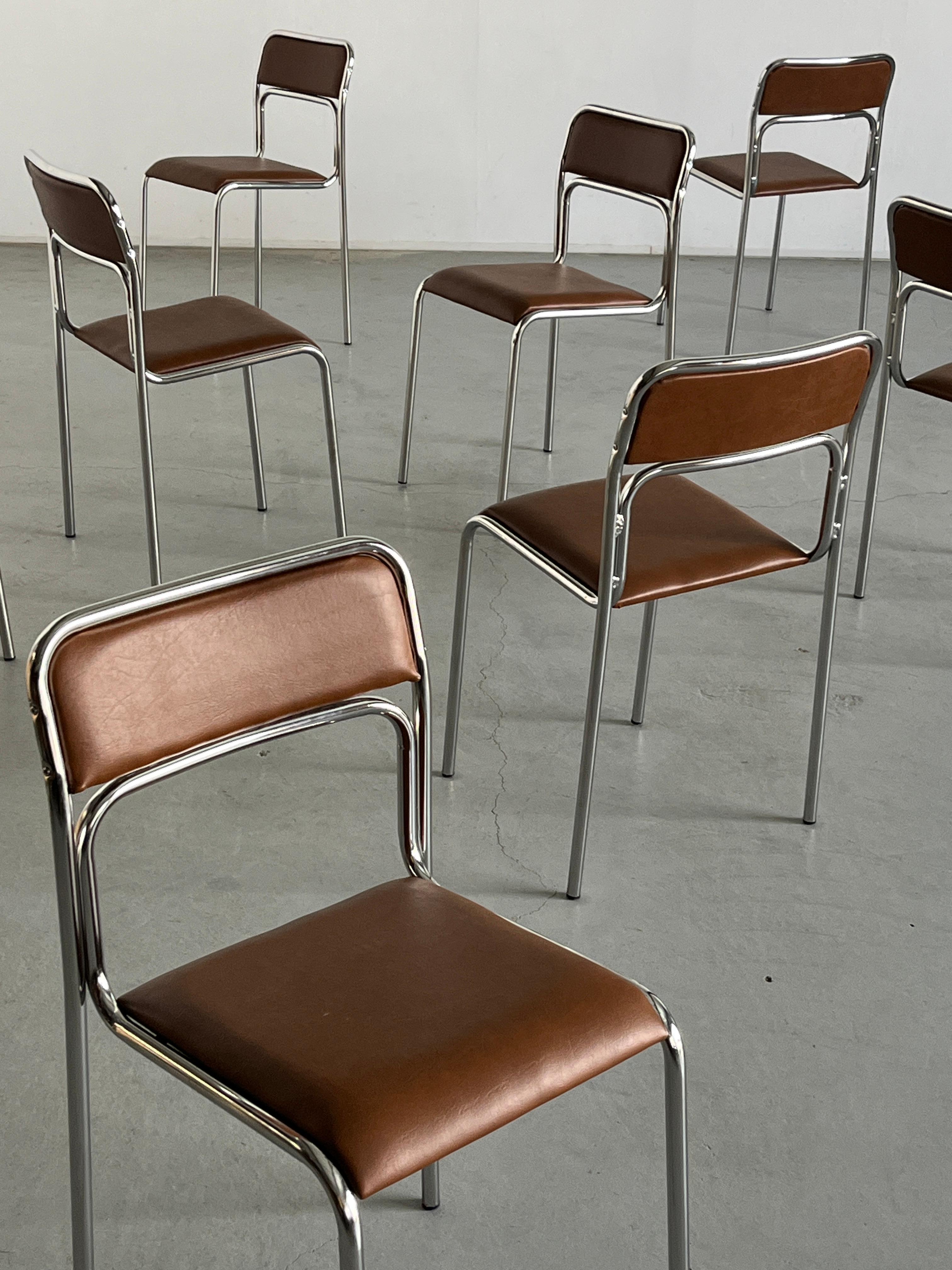 Set of 8 Bauhaus Chrome Tubular Steel and Brown Faux Leather Dining Chairs, 80s For Sale 1