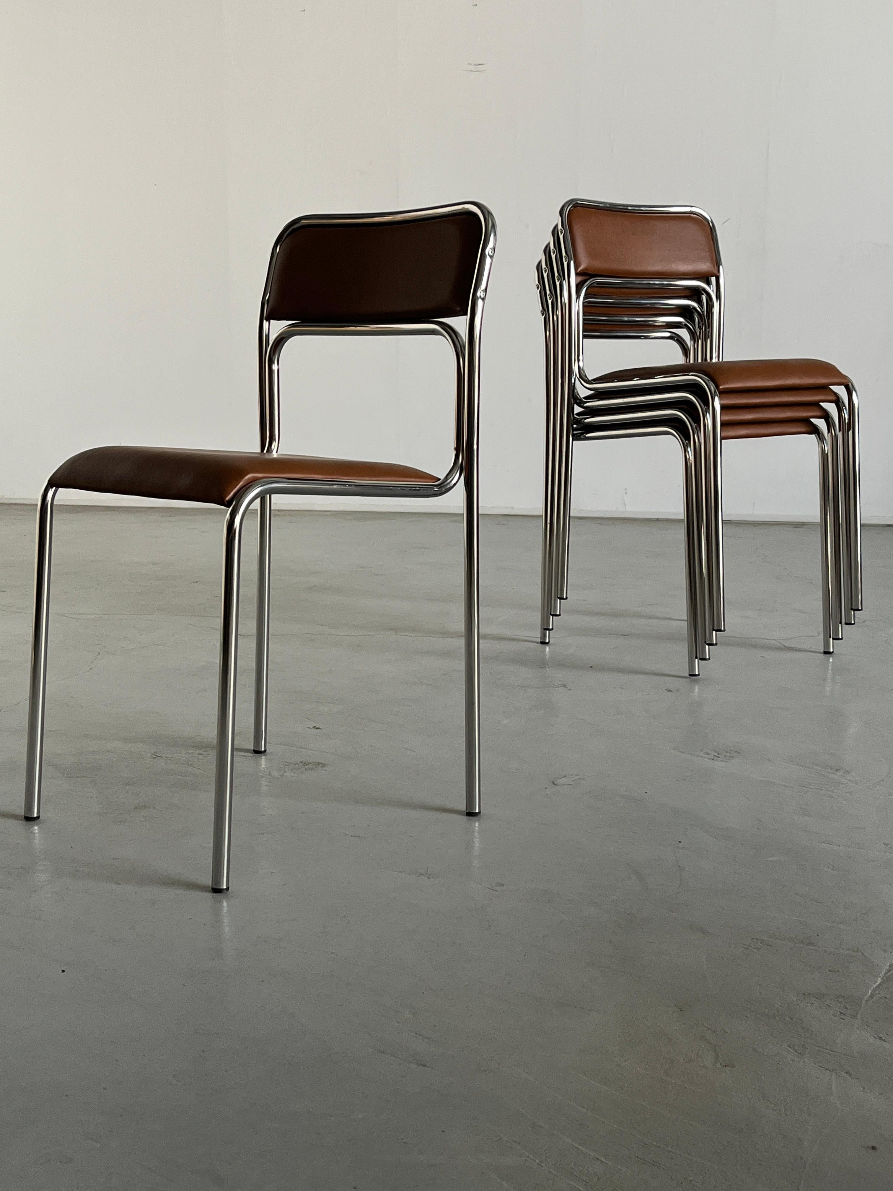 Set of 8 Bauhaus Chrome Tubular Steel and Brown Faux Leather Dining Chairs, 80s For Sale 2