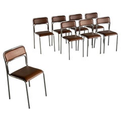 Set di 8 sedie da pranzo Bauhaus in acciaio cromato e finta pelle marrone, anni '80