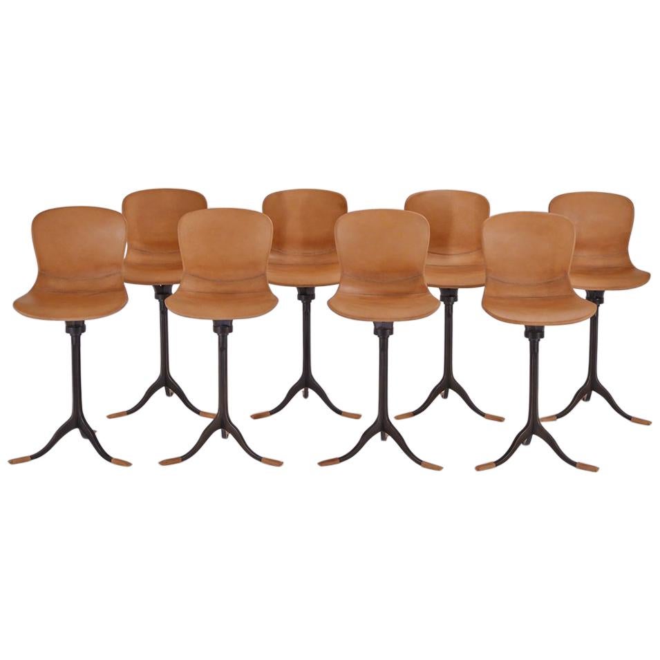 Set of 8 Bespoke Counter-Height Chairs, Solid Brass and Leather by P. Tendercool For Sale