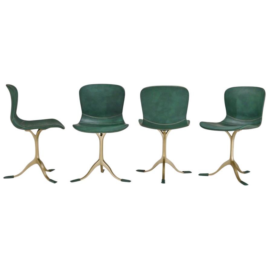 Set of 8 Bespoke Leather Chairs with Hand-Cast Brass Base by P. Tendercool For Sale