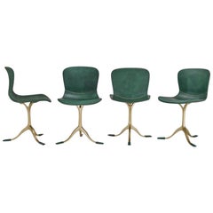 Set of 8 Bespoke Leather Chairs with Hand-Cast Brass Base by P. Tendercool