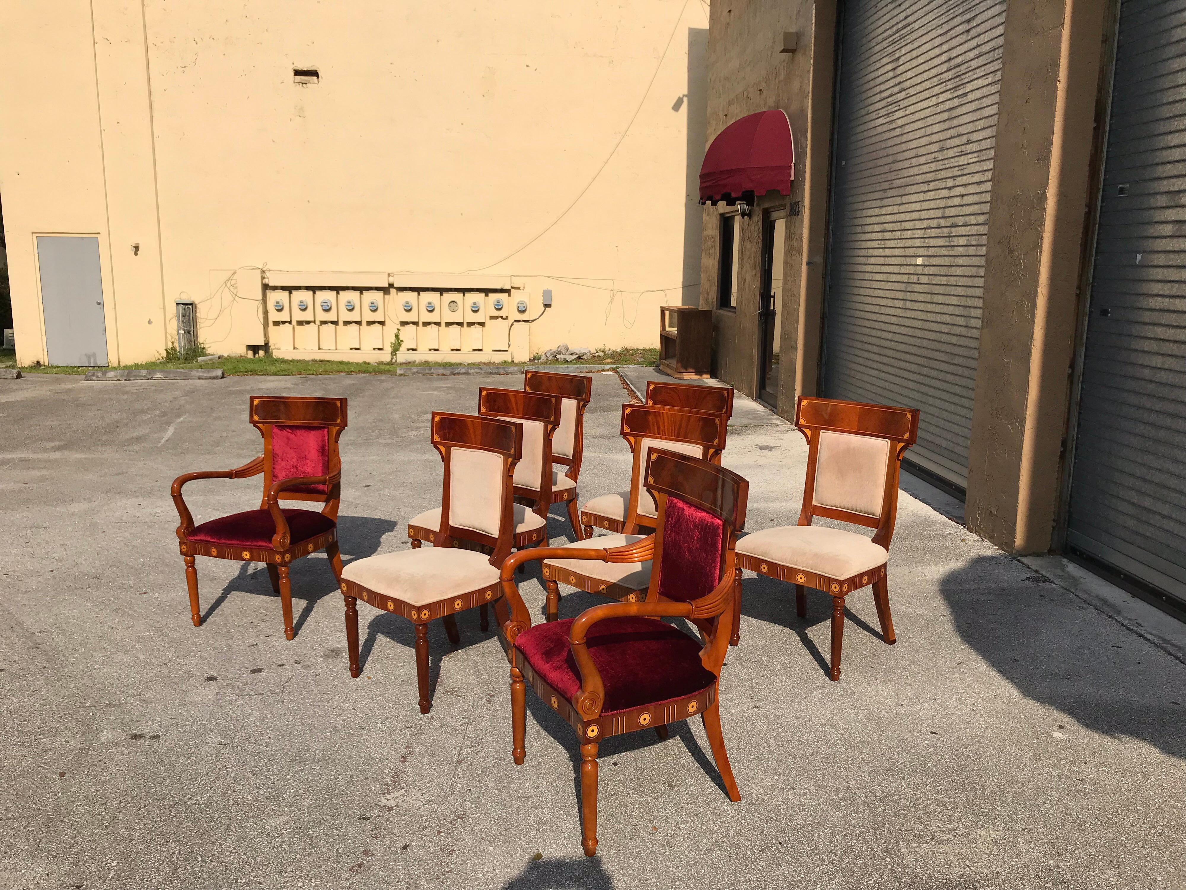 Velvet Set of 8 Biedermeier Style Flame Mahogany Dining Chairs, circa 1910s