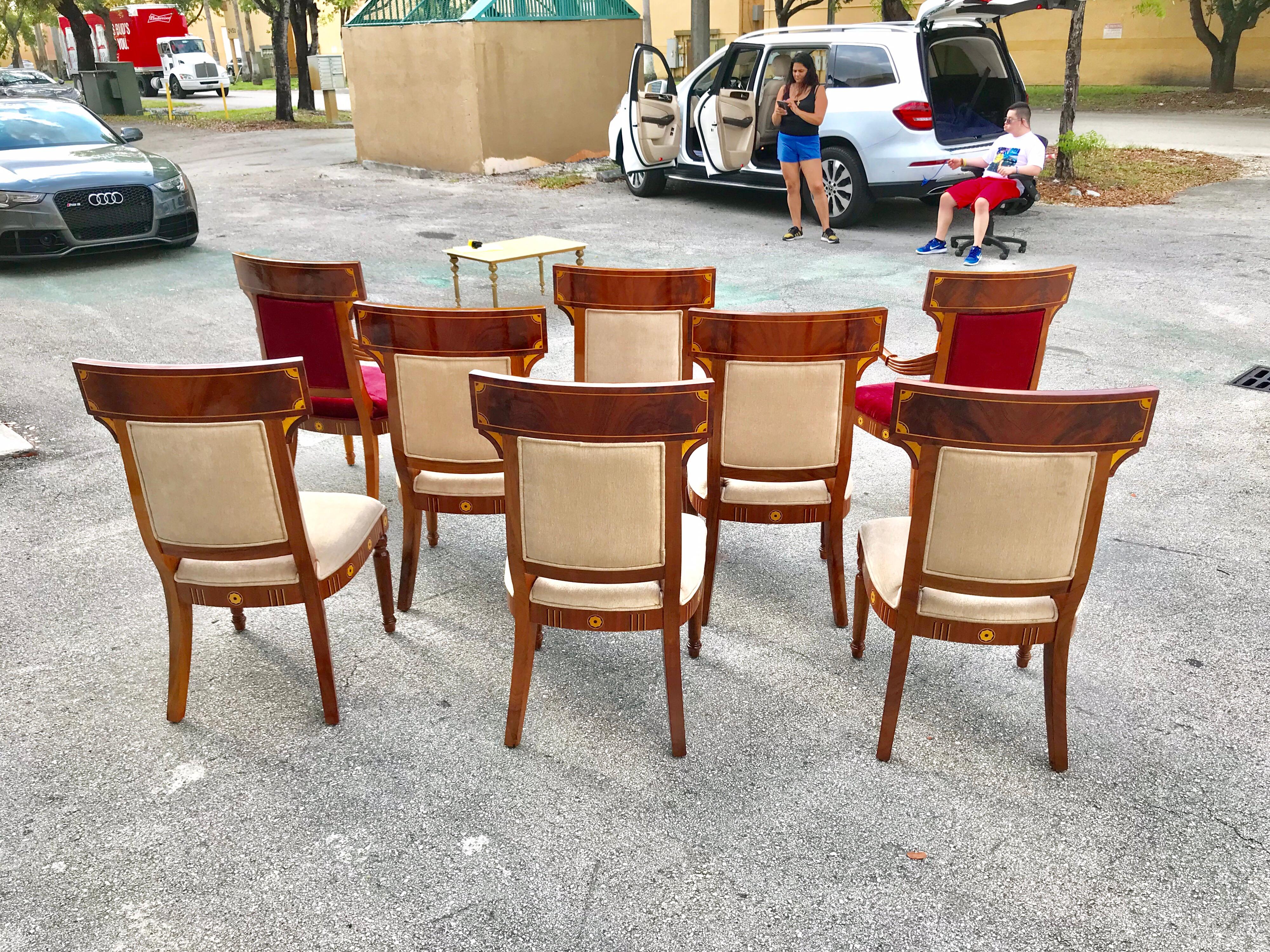 Set of 8 Biedermeier Style Flame Mahogany Dining Chairs, circa 1910s 1