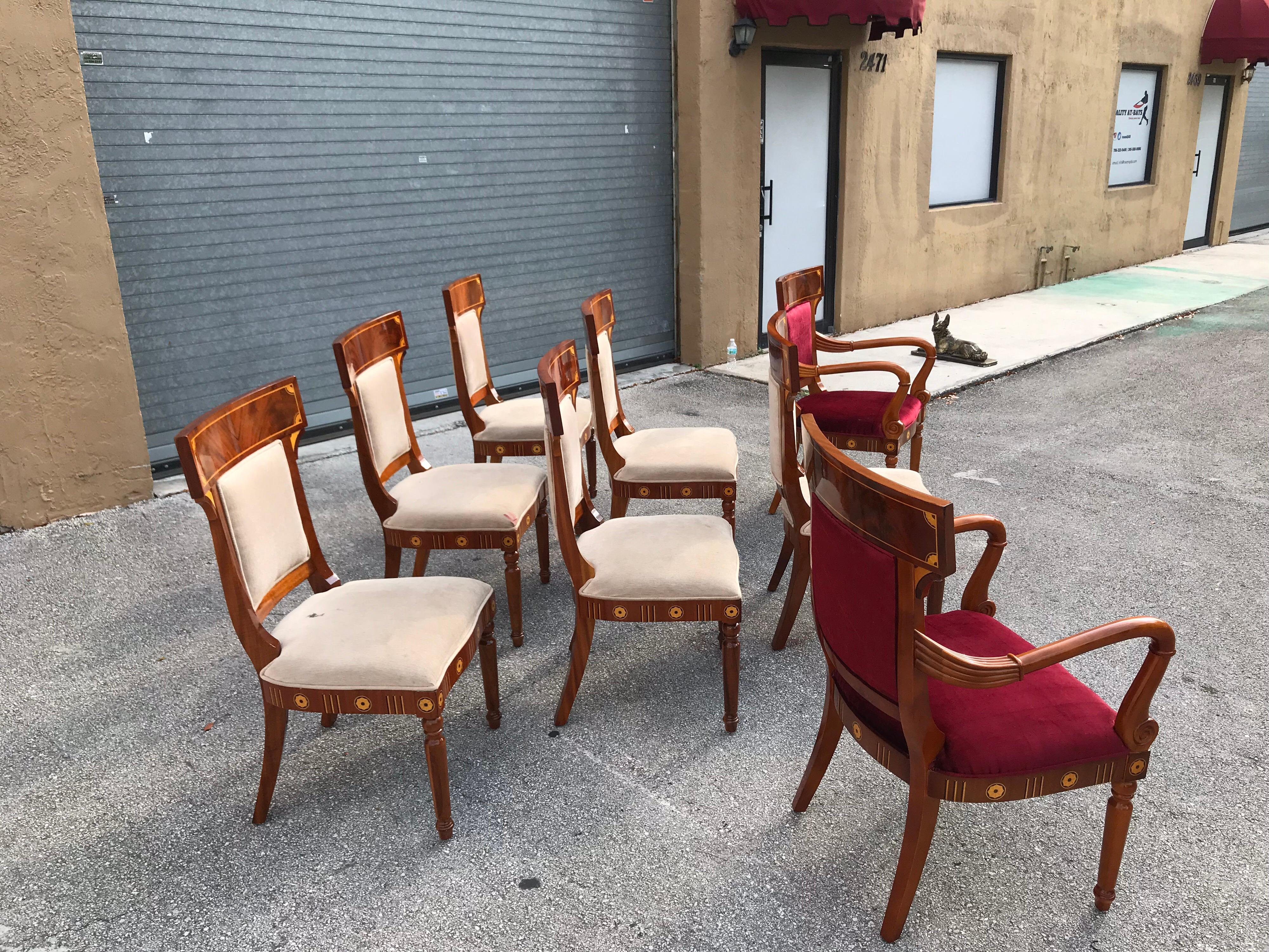 Set of 8 Biedermeier Style Flame Mahogany Dining Chairs, circa 1910s 2