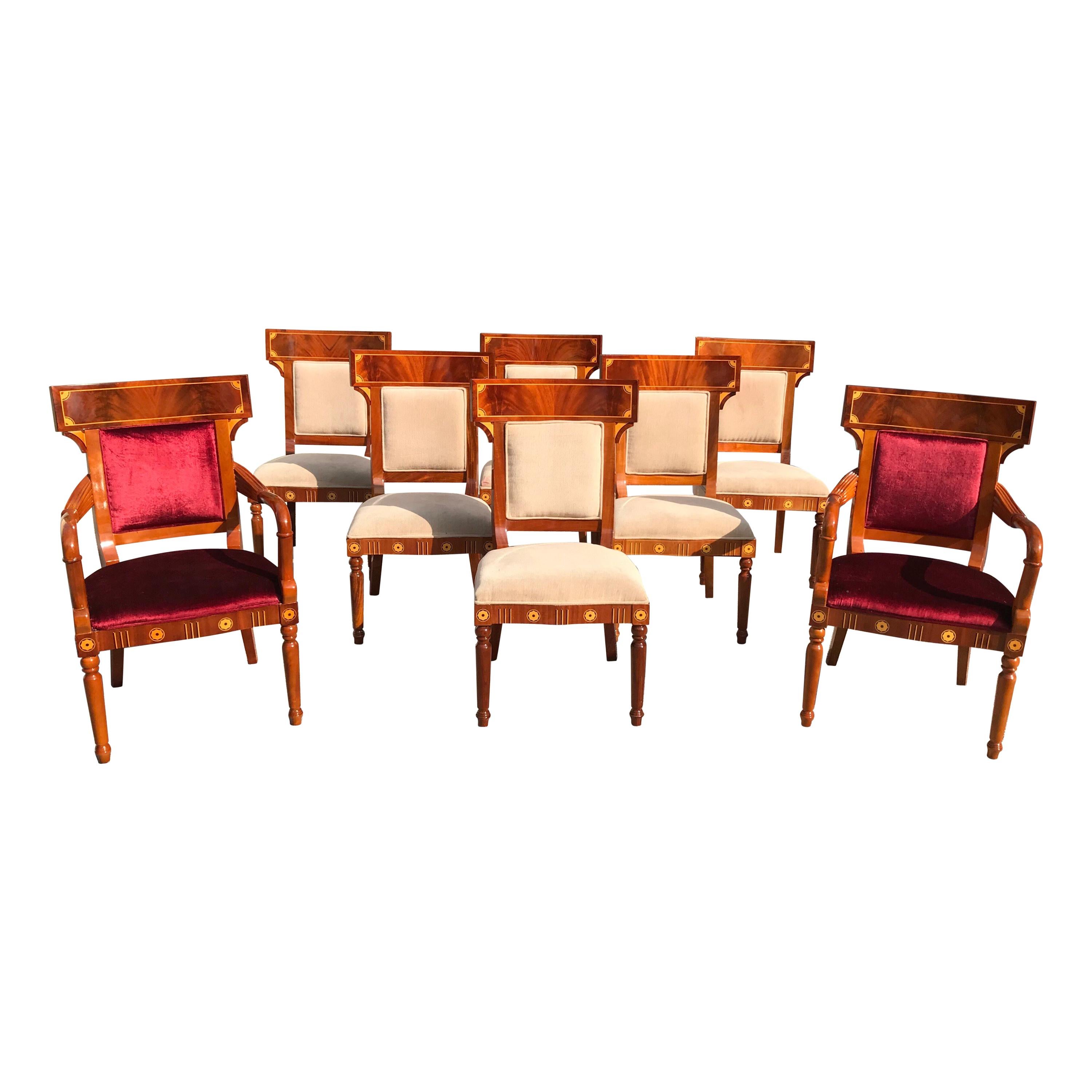 Set of 8 Biedermeier Style Flame Mahogany Dining Chairs, circa 1910s