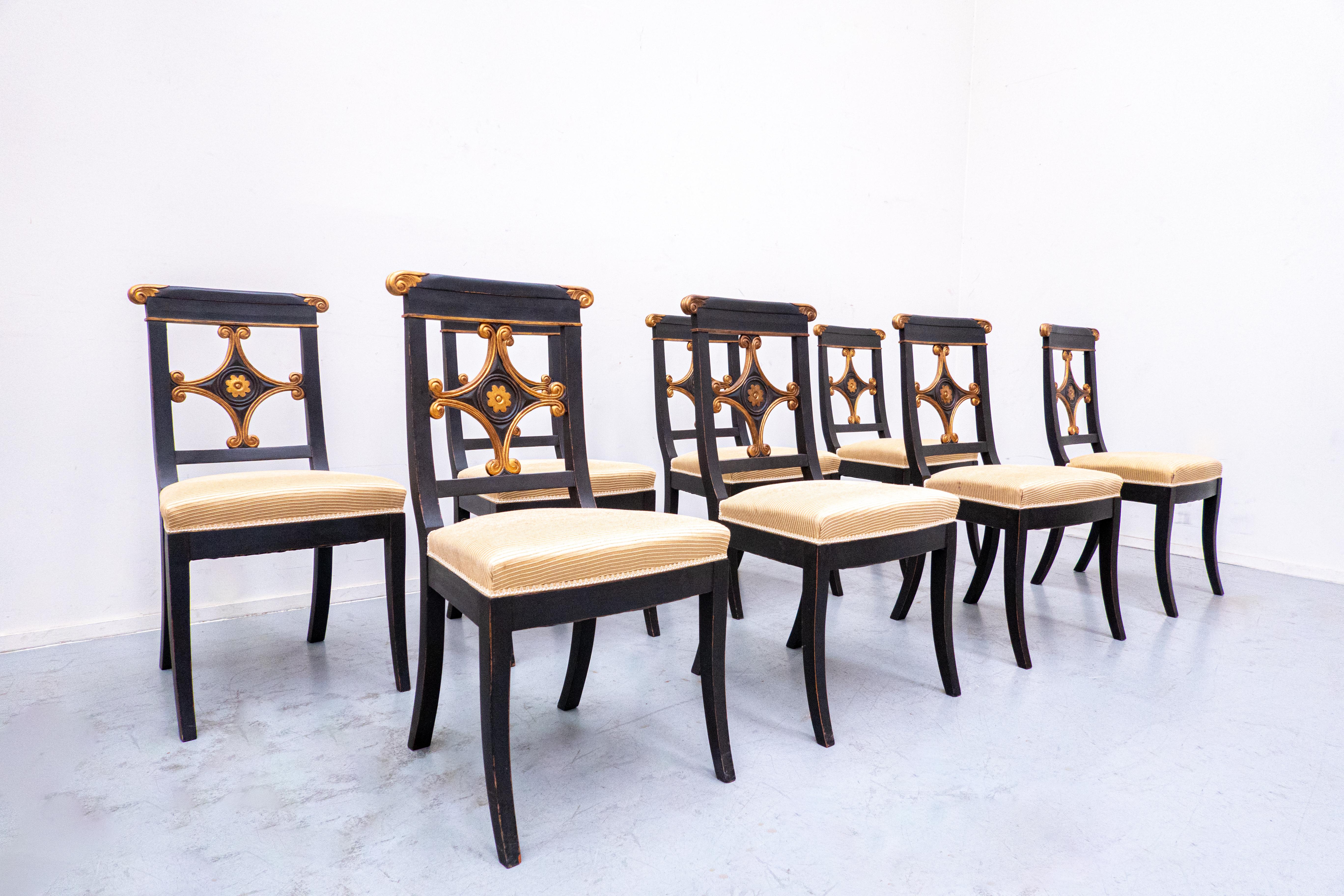 Belgian Set of 8 Black and Gold Dining Chairs, Empire Style, Belgium