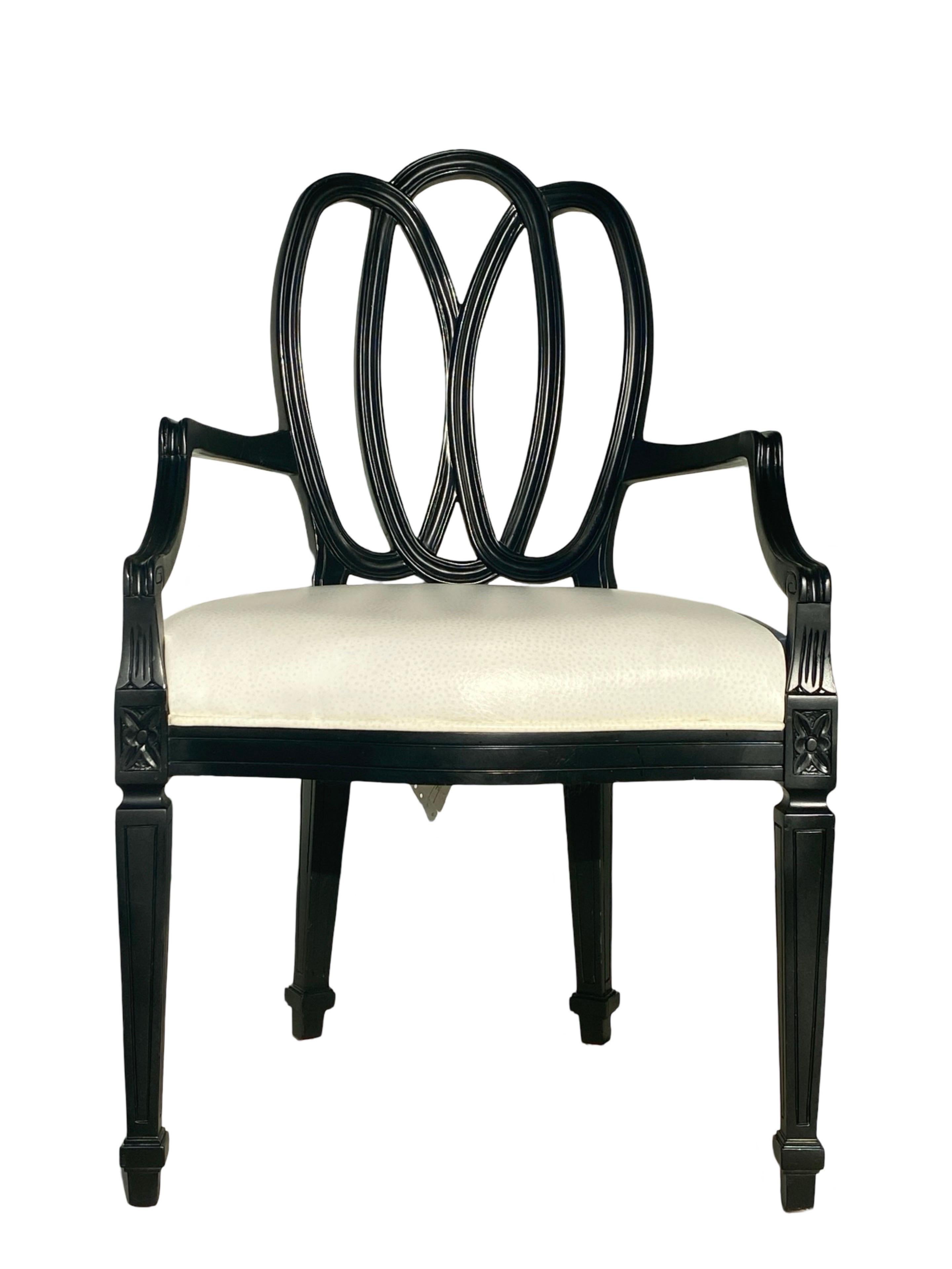 We found these beauties at a Palm Springs estate sale. They reminded us of the regency style of Dorothy Draper or more modern Barbara Barry style. Classic but still very modern. They are referred to as the “ribbon” or “bracelet” dining chairs with 3