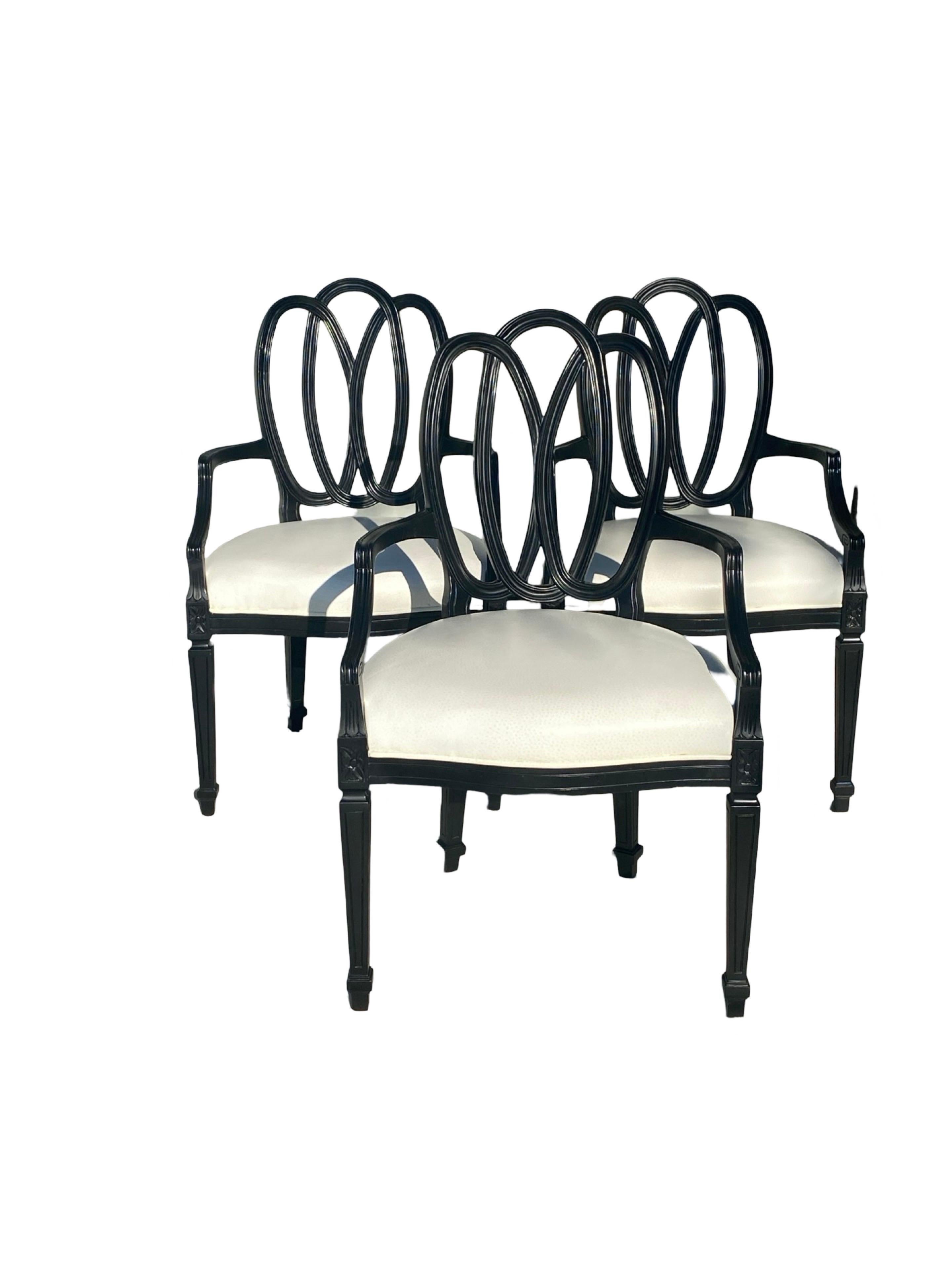 Hollywood Regency Set of 8 Black Custom “Ribbon” Dining Chairs Modern Draper Style