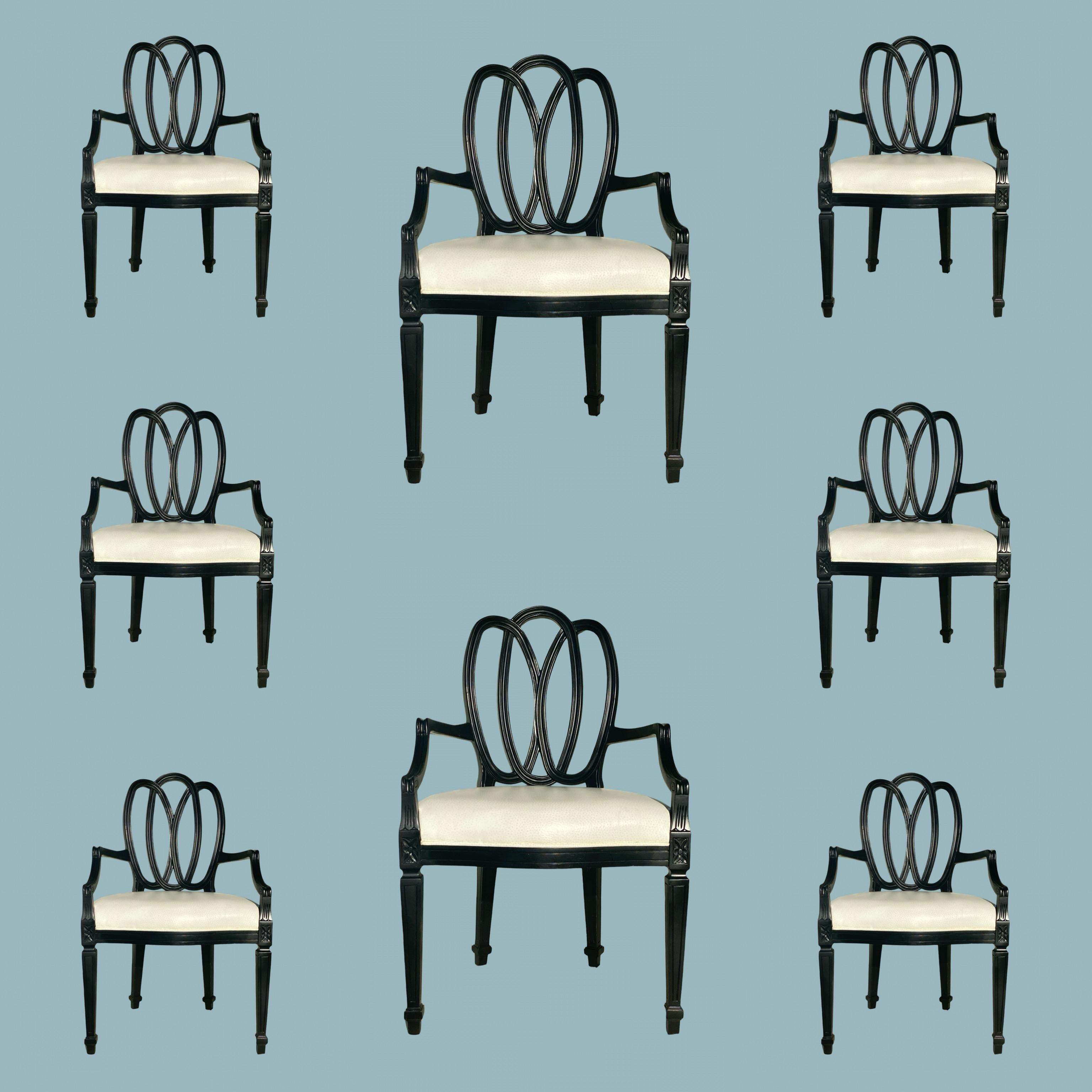 Set of 8 Black Custom “Ribbon” Dining Chairs Modern Draper Style In Good Condition In Palm Springs, CA