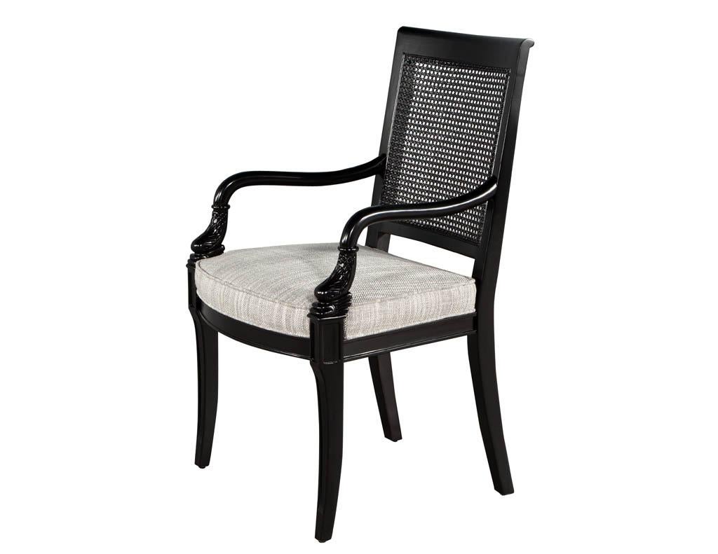 Regency Set of 8 Black Lacquered Cane Back Dining Chairs For Sale