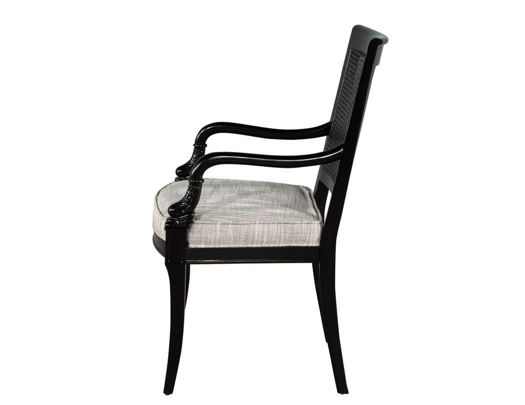 American Set of 8 Black Lacquered Cane Back Dining Chairs For Sale