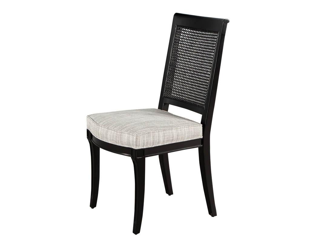Fabric Set of 8 Black Lacquered Cane Back Dining Chairs For Sale