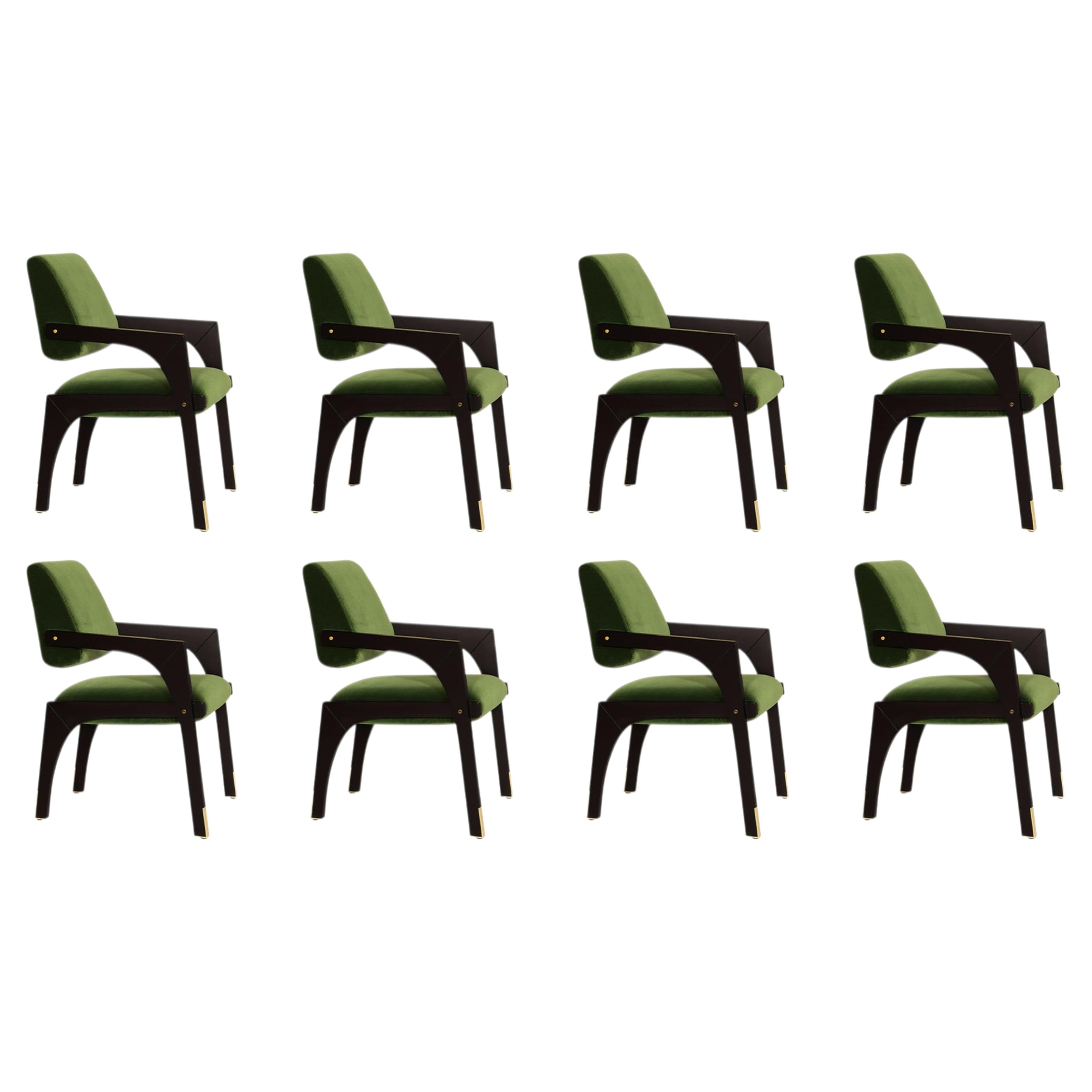 Juego de 8 sillas de comedor Arches de haya lacada en negro y terciopelo verde by InsidherLand