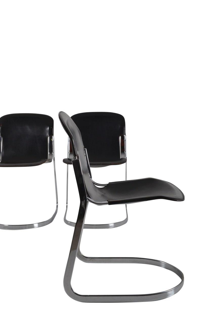 Italian Set of 8 Black Leather Dining Chairs by Willy Rizzo for Cidue, 1970s For Sale