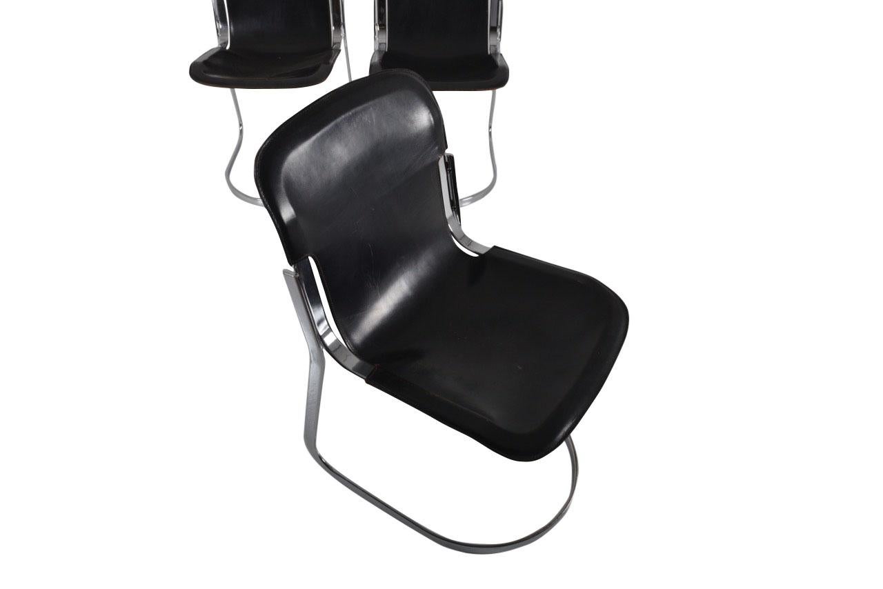 Set of 8 Black Leather Dining Chairs by Willy Rizzo for Cidue, 1970s In Good Condition For Sale In Sint-Kruis, BE