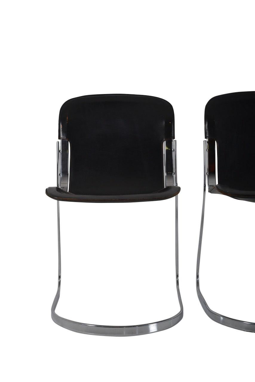 20th Century Set of 8 Black Leather Dining Chairs by Willy Rizzo for Cidue, 1970s For Sale