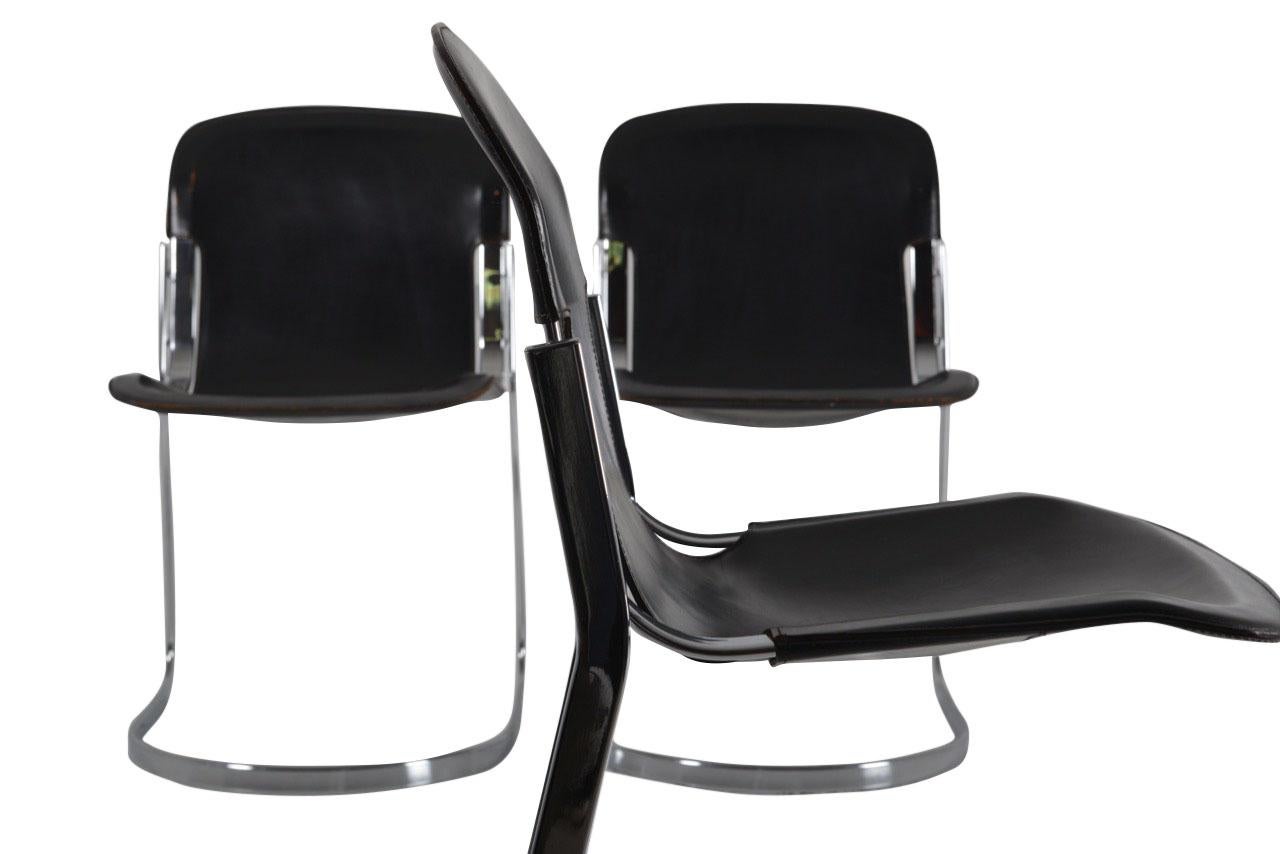 Set of 8 Black Leather Dining Chairs by Willy Rizzo for Cidue, 1970s For Sale 1