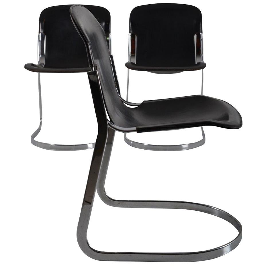 Set of 8 Black Leather Dining Chairs by Willy Rizzo for Cidue, 1970s For Sale