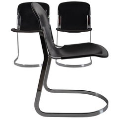 Set of 8 Black Leather Dining Chairs by Willy Rizzo for Cidue, 1970s