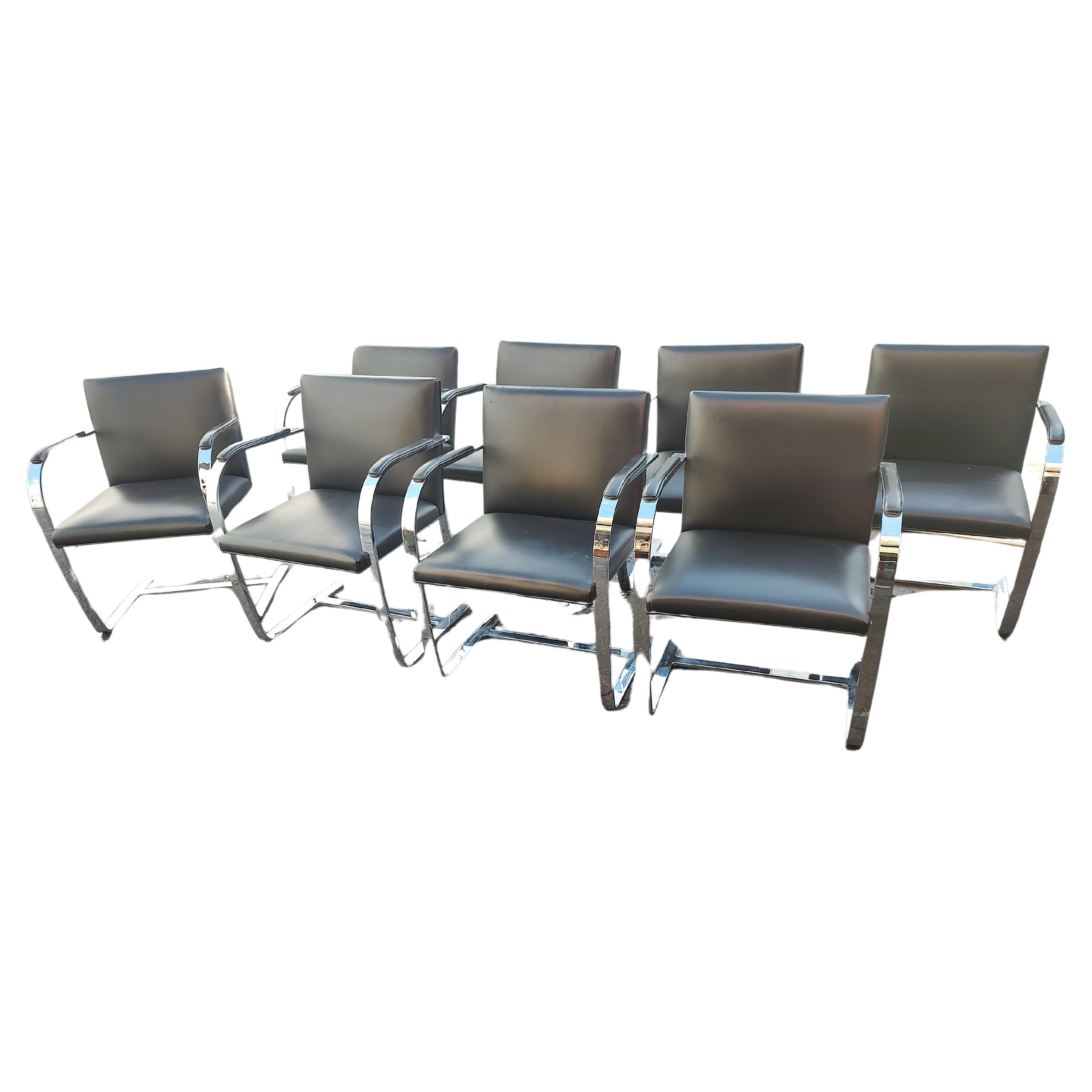 American Set of 8 Knoll Black Leather Flat Bar Brno Chairs by Ludwig Mies van der Rohe  For Sale