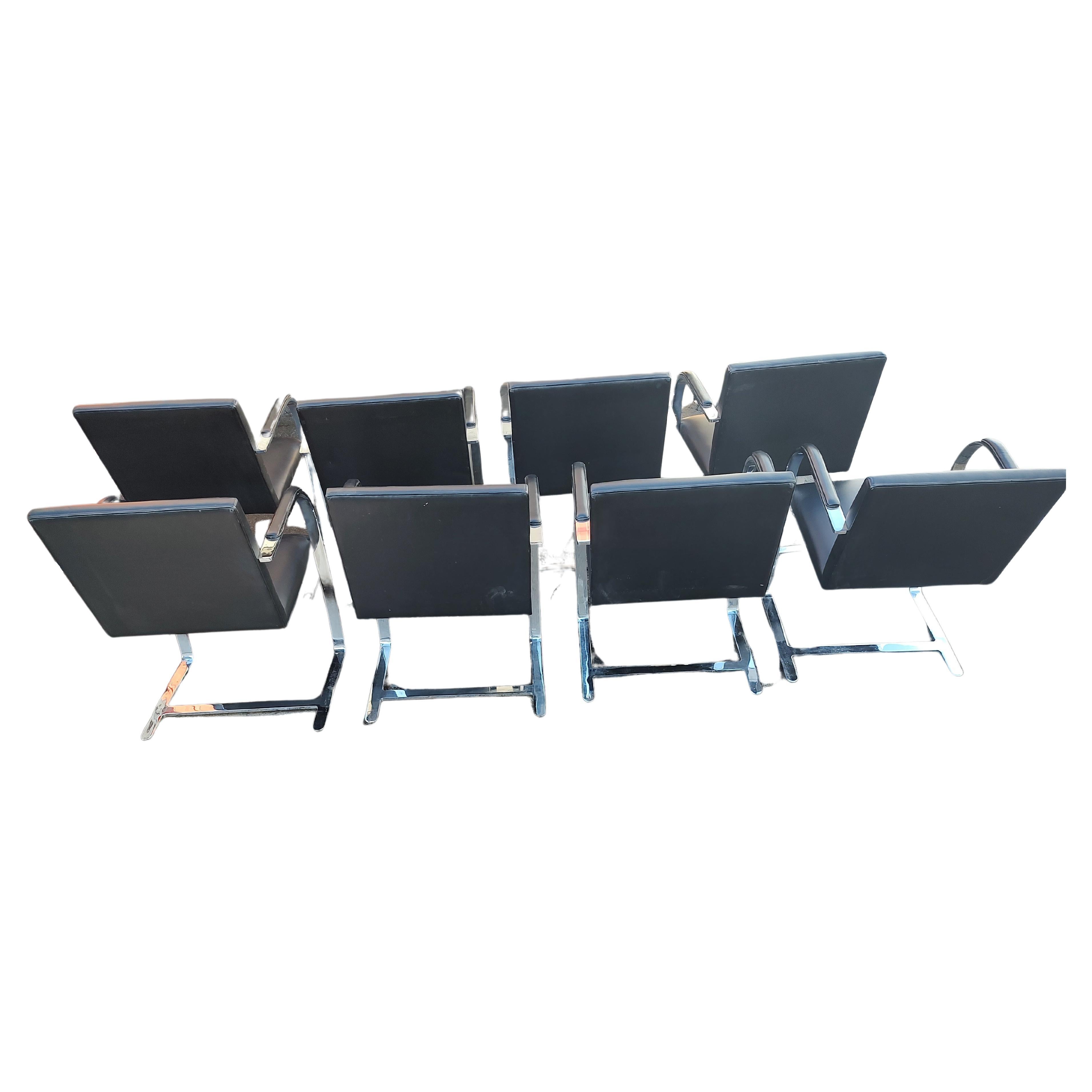 Steel Set of 8 Knoll Black Leather Flat Bar Brno Chairs by Ludwig Mies van der Rohe  For Sale